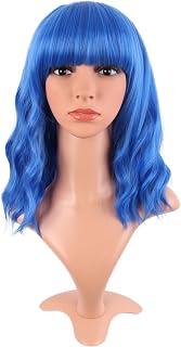 MapofBeauty 14" Short Wavy Curly Blue Bob Wig with Flat Bangs - Heat-Resistant Synthetic Hair for Women