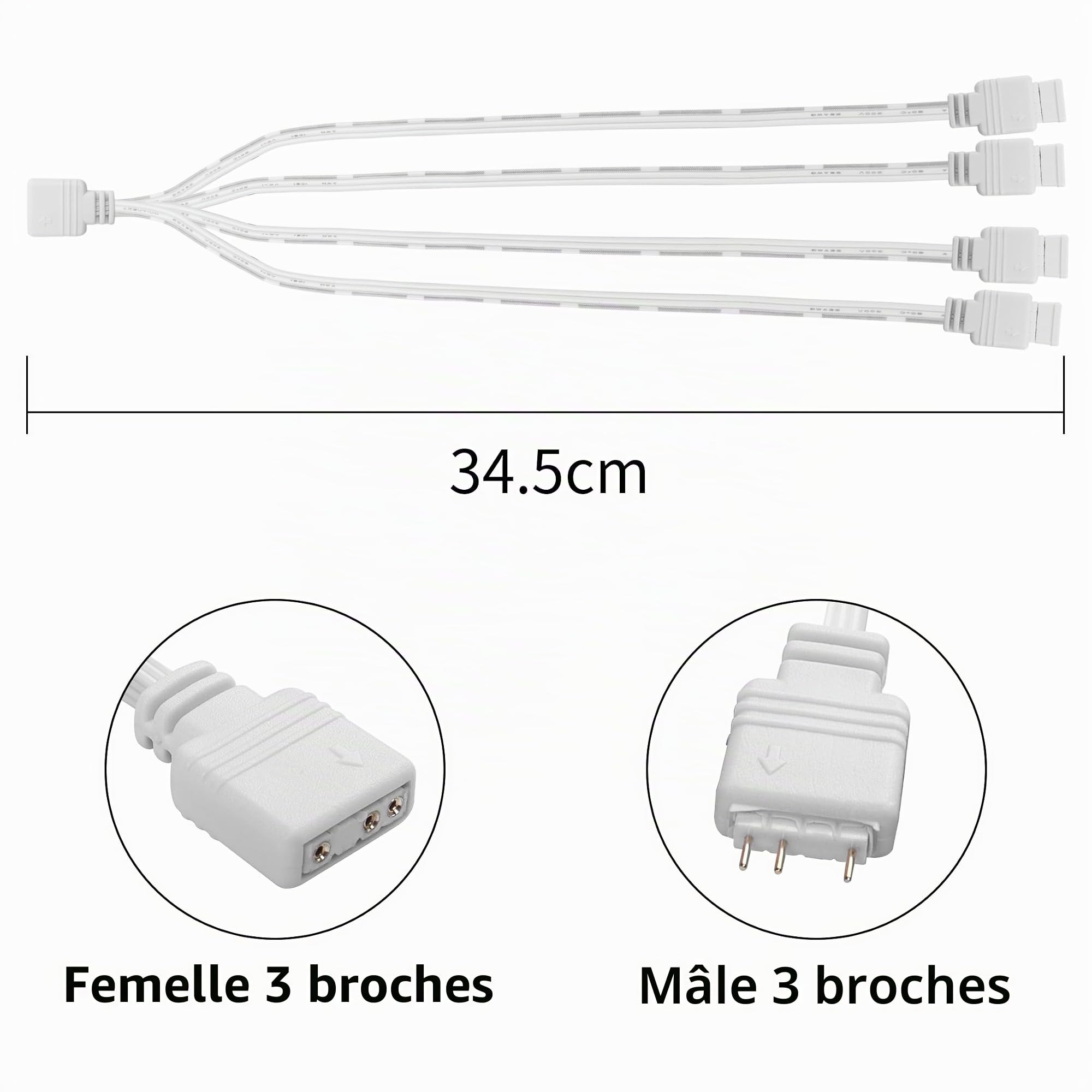 YAODHAOD Câble répartiteur ARGB 5 V 1 femelle vers 4 mâles 3 broches adressable RVB pour châssis d'ordinateur, refroidisseur de processeur et ventilateur ARGB 5 V (1 à 4 (3 broches), blanc)