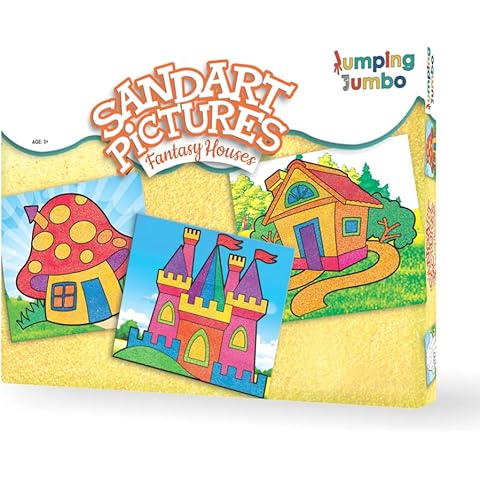 JumpingJumbo Sand Art Kit-Fantasy Houses, Design Your Own Sand Art, Arts and Craft Kit for Kids, Self Adhesive Pre-Designed Images for Glitter Art, Art Supplies, Games for Kids Age 3-9, Gift for Kids Cover