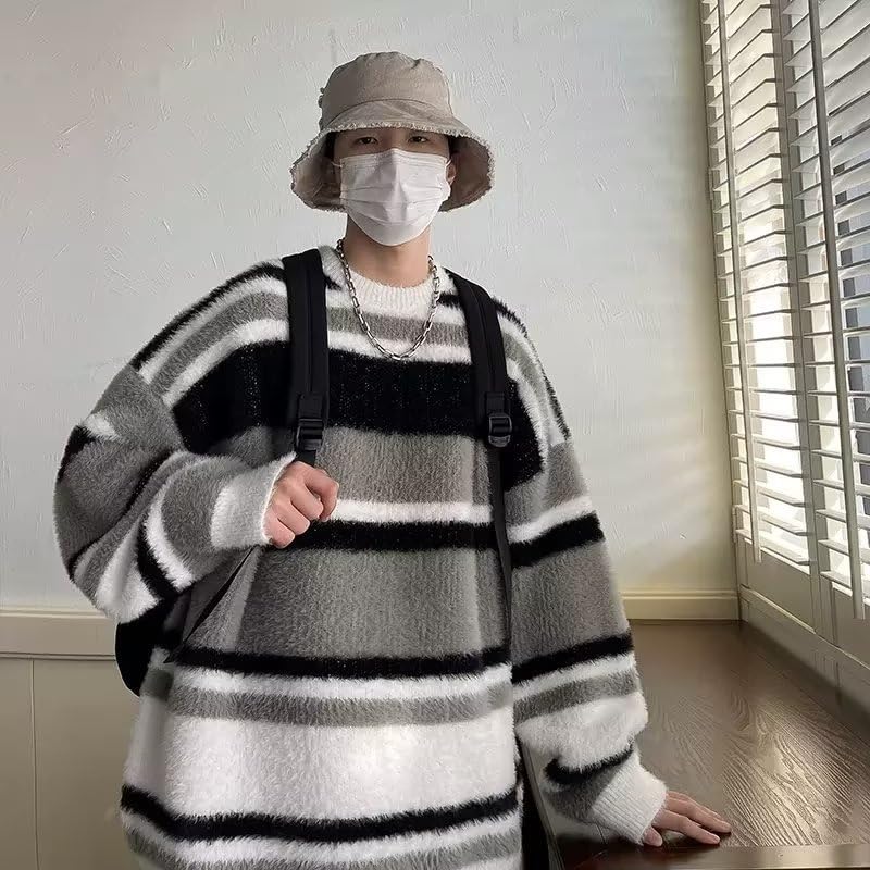 Mens Oversized Sweater Y2K Striped Loose Pullover Grandpa Vintage Aesthetic Knitted Crewneck Sweater Fairycore Clothing2