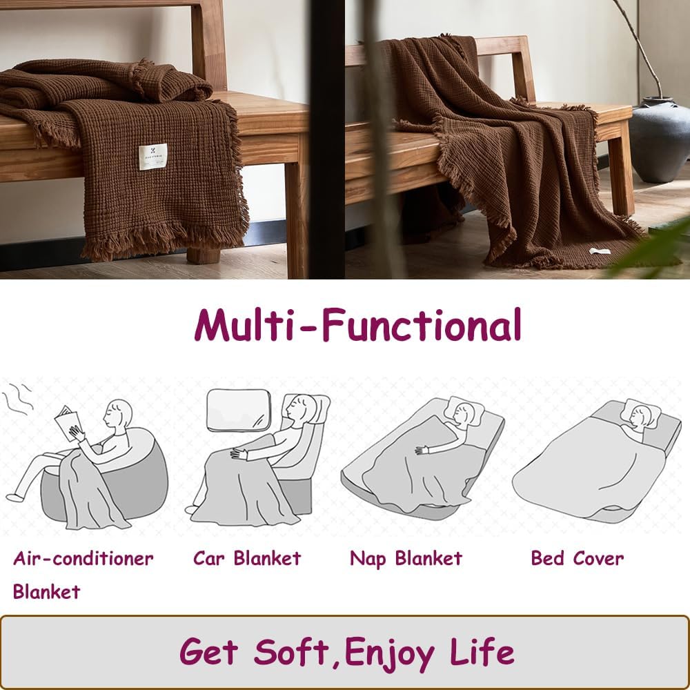 100% Cotton 4-Layer Muslin Blanket with Fringes, 80"x90", Brown Bed Blanket, Ultra-Soft Gauze Boho Bedding for All Seasons, Breathable for Couch, Bed(Brown,Queen)