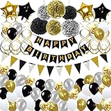 Birthday Decorations,Birthday Party Supplies include 113Pcs Banners Triangular Flag Hanging Swirls Paper Pompoms Pentagram Balloons Black and Gold Balloons for 20th 30th 40th 50th 60th 70th Party Supplies