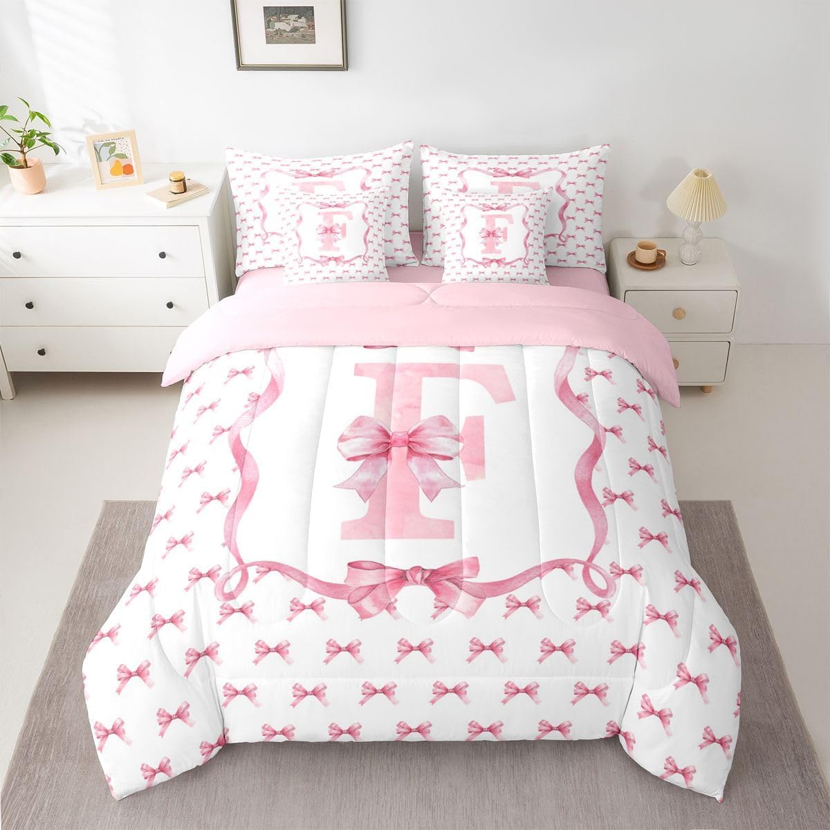 Feelyou Girls Pink Bow Queen Comforter Set with Sheets for Kids Boys Girls Cute Bowknot 7 Pieces Bedding Set Personalized Letter F Bed in a Bag Room Decor Soft Lightweight Microfiber
