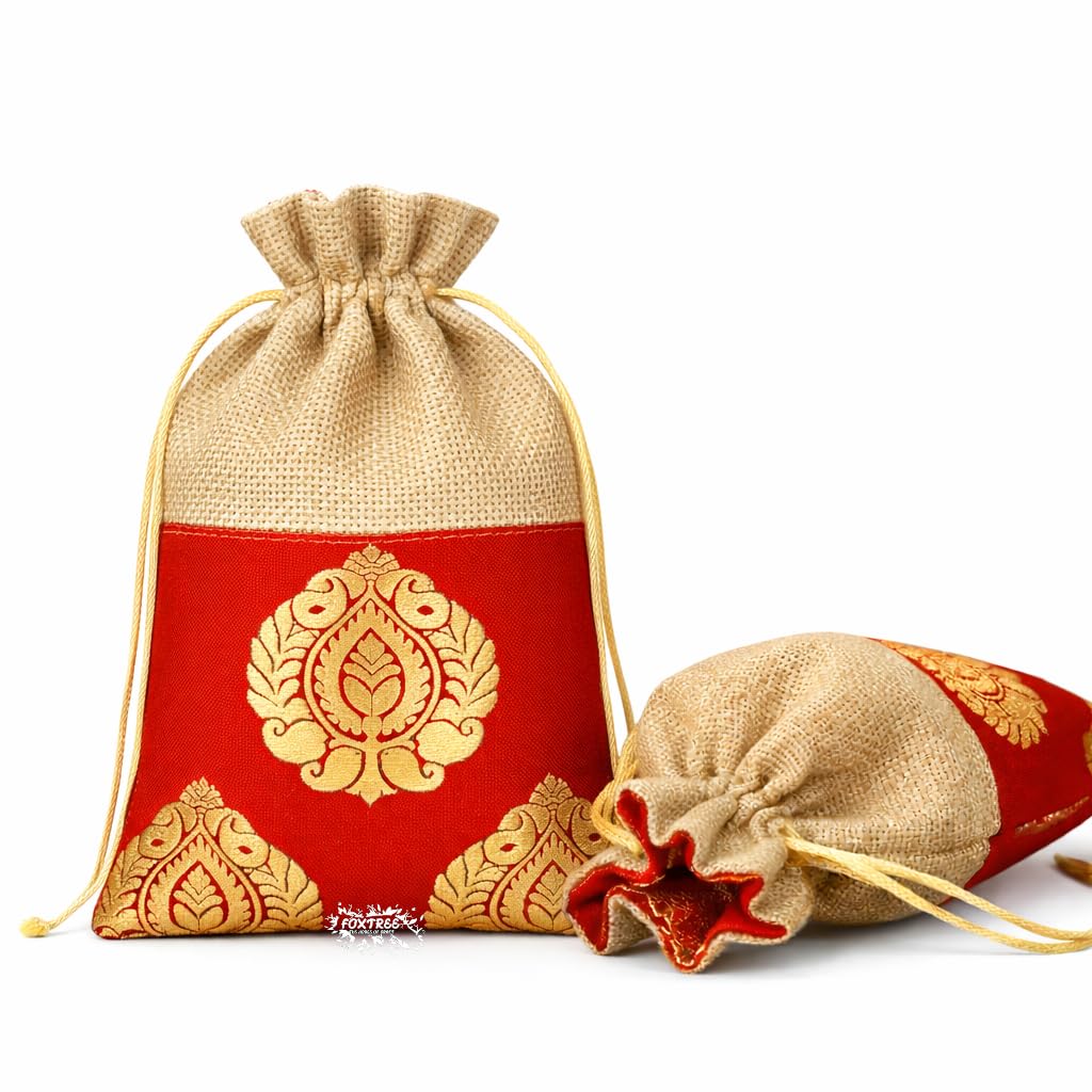 Foxtree Handcrafted Ethnic Jute Potli Bag for Women | Small Drawstring Gift Pouch for Wedding, Diwali, Rakhi Return Favors | Jewelry, Coins, and Dry Fruit Packaging (Pack of 20, 18X12CM)-image-43
