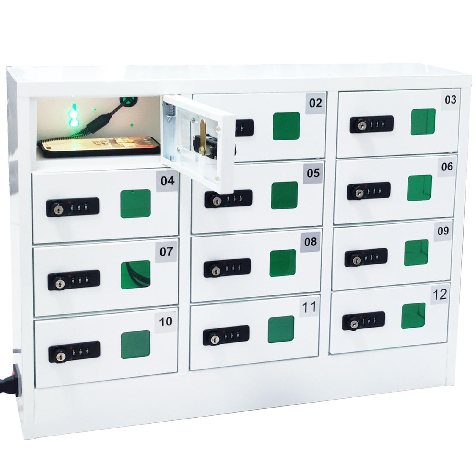Casier en Acier pour téléphone Portable 12 emplacements sécurisé et Pratique avec Mini-Chargeur, Station de Charge, Armoire et Serrure à Combinaison, Blanc pour étudiants et employés