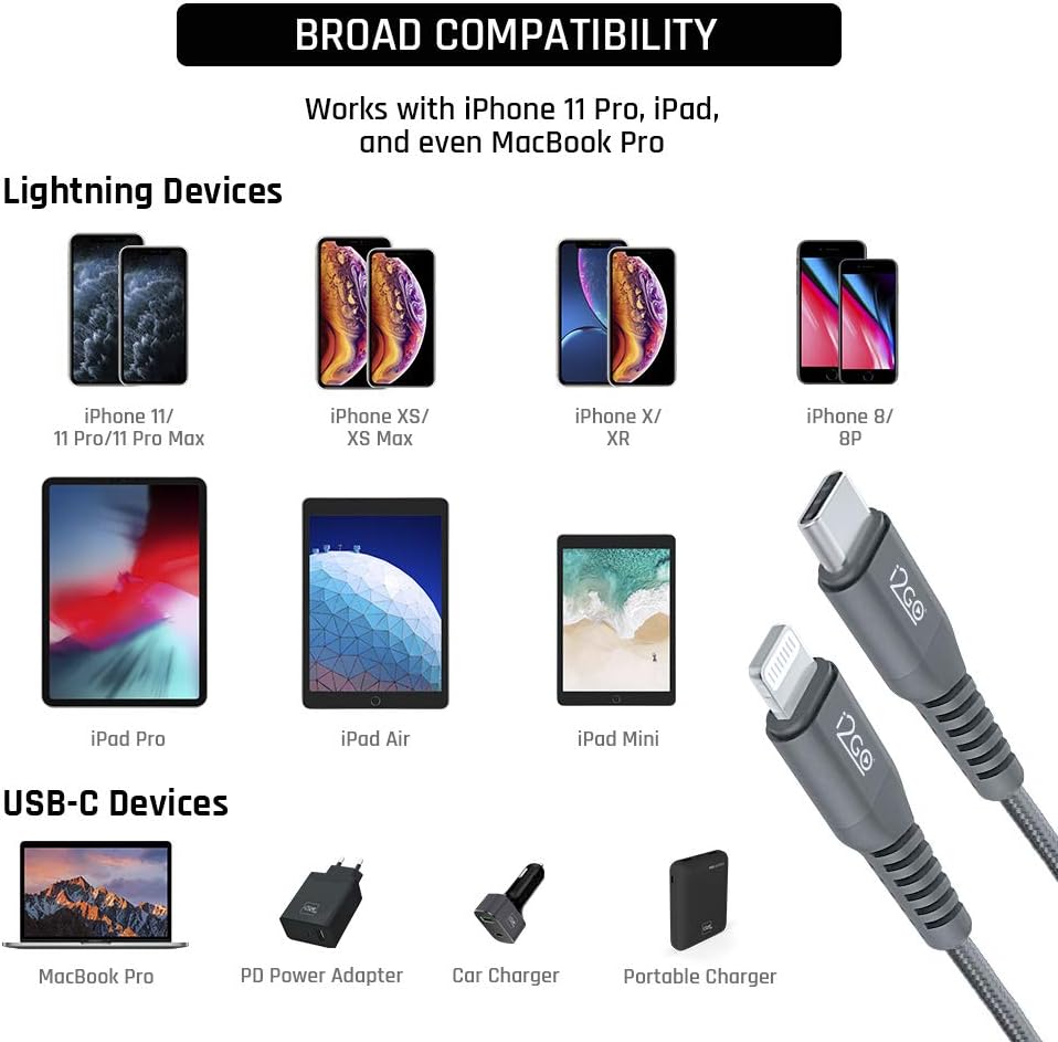 i2go iPhone 11 Charger, USB-C to Lightning, Nylon Braided Cable (6ft), Apple MFi Certified for iPhone 12/12 Pro/ 12 Pro Max/ 12 Mini/ 11 Pro Max/ 11 Pro/ 11/ X/ 8 Plus/ 8/7/ 7 - Dark Grey
