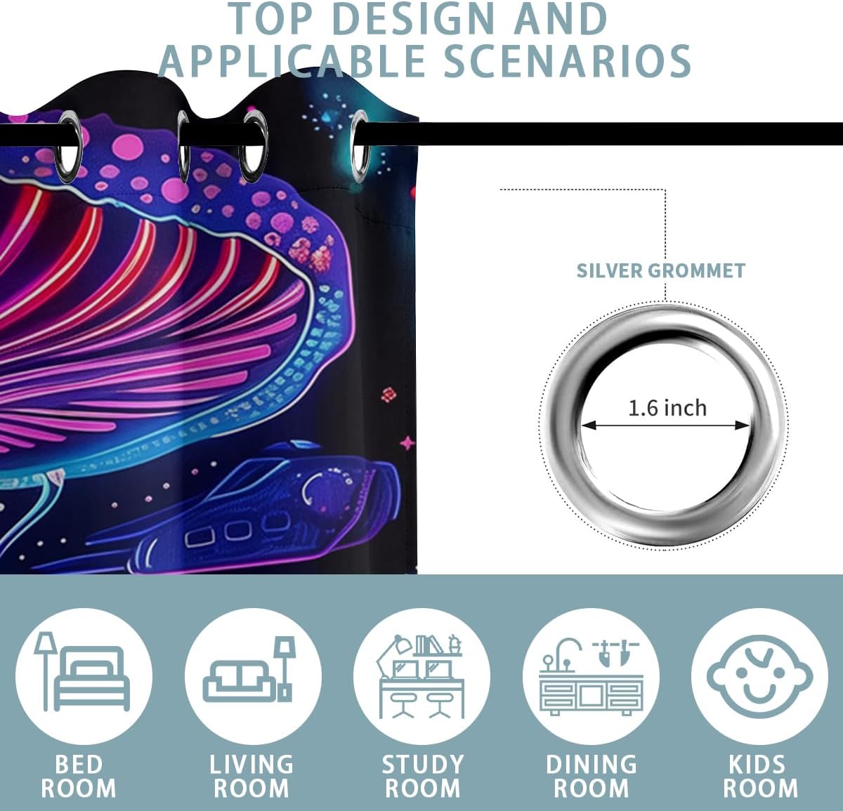 Funny Skeleton Blackout Curtains for Girls Boys Teens Home Decor, Purple Neon Mushroom Psychedelic Grommet Thermal Insulated Drapes Darkening Window Curtain for Bedroom Living Room, 42 x 45 Inch