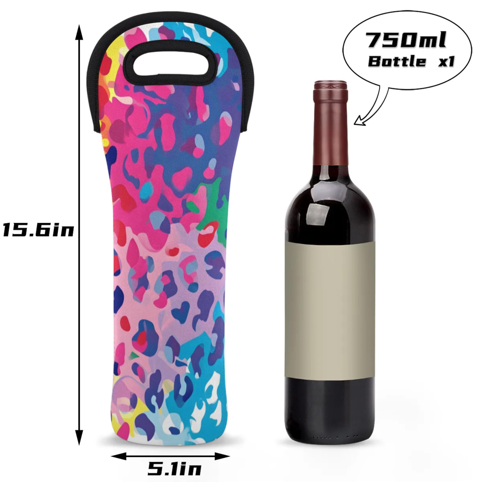 Neoprene Wine Tote Carrier Bag for Wine,Water, Champagne, Beer, Baby Bottles 15.6 x 5.1 Inches, Protective Wine Bag,Animal Colorful Leopard