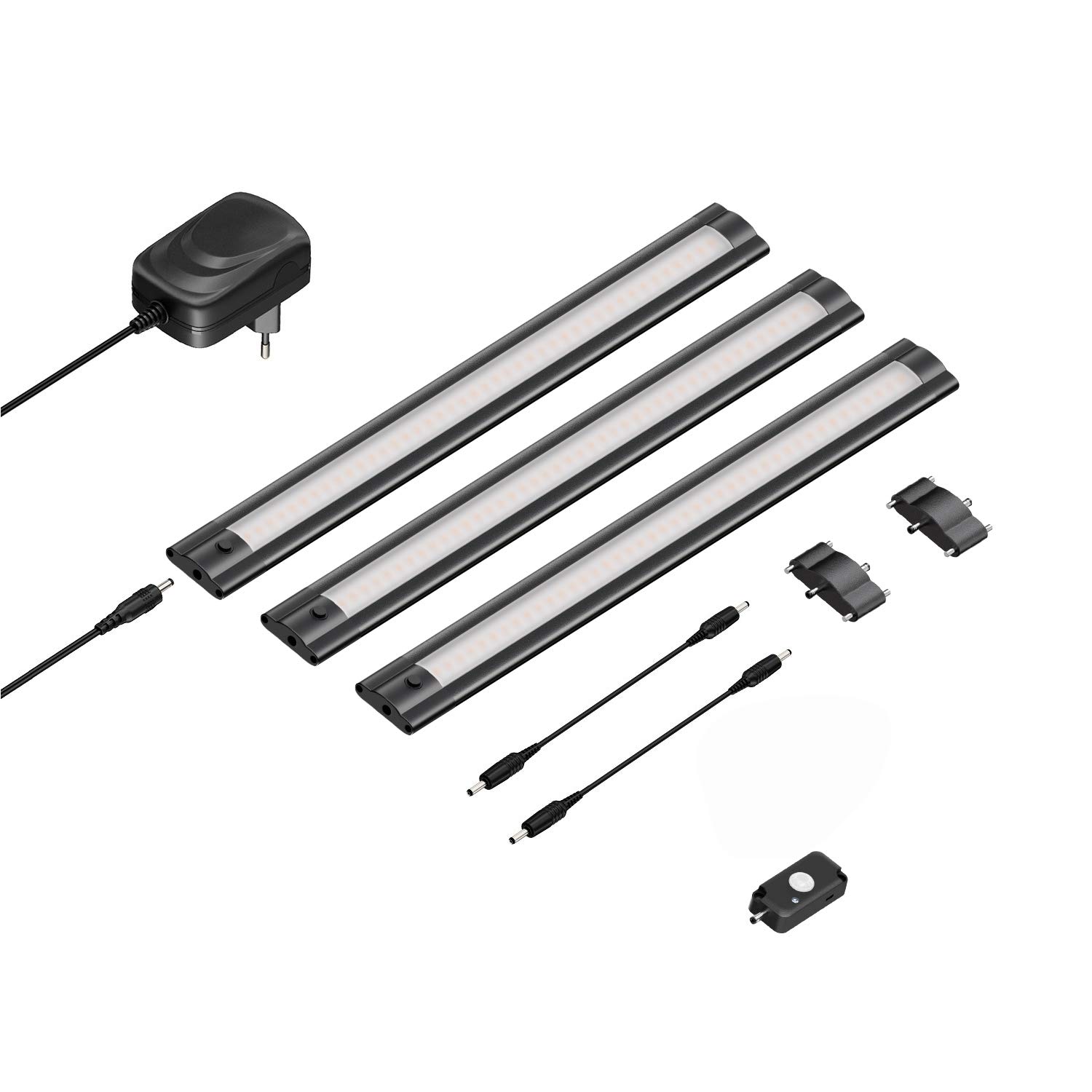 ledscom.de Zestaw 3 lamp podszafkowych LED SIRIS czarny mat z czujnikiem ruchu, płaski, 30cm każda, 368lm każda, ciepła biel