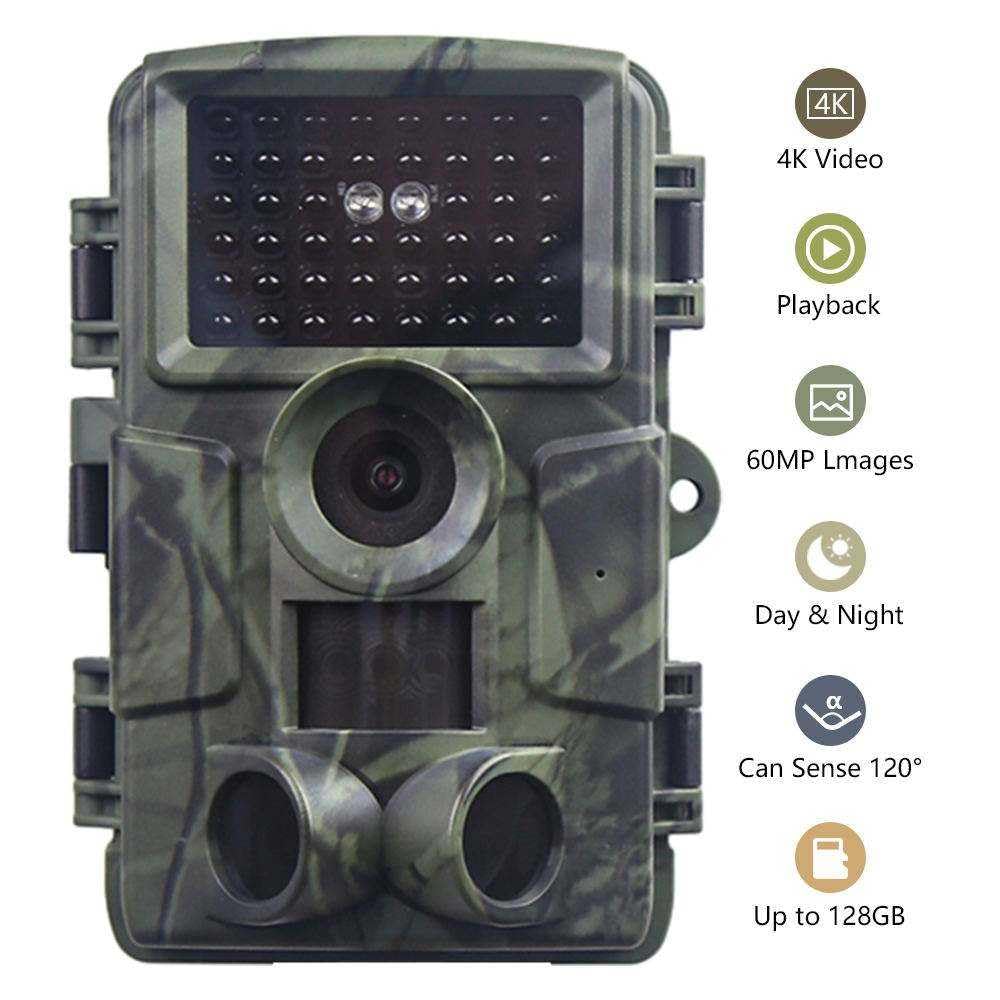Cámaras de Caza 60MP 4K H.264 Video, Fototrampeo con Visión Nocturna 30m y Activación 0.1s, LED IR 940 NM No-Glow, IP66 - Espía Vigilancia Coche Caza Exterior Nocturna