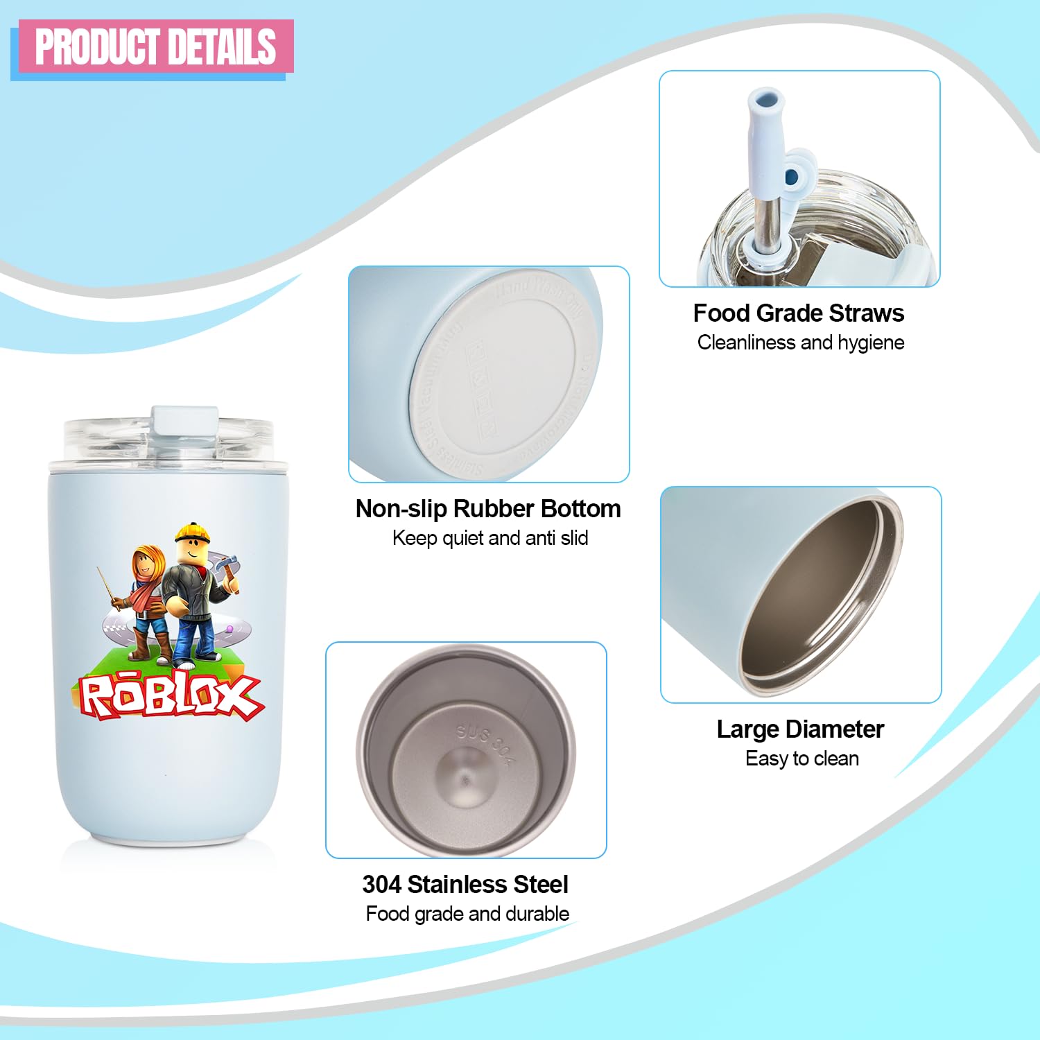 Borraccia Roblox In Acciaio Inox - 280ml, Antigoccia, Con Cannuccia, Design Nero - Foto 2