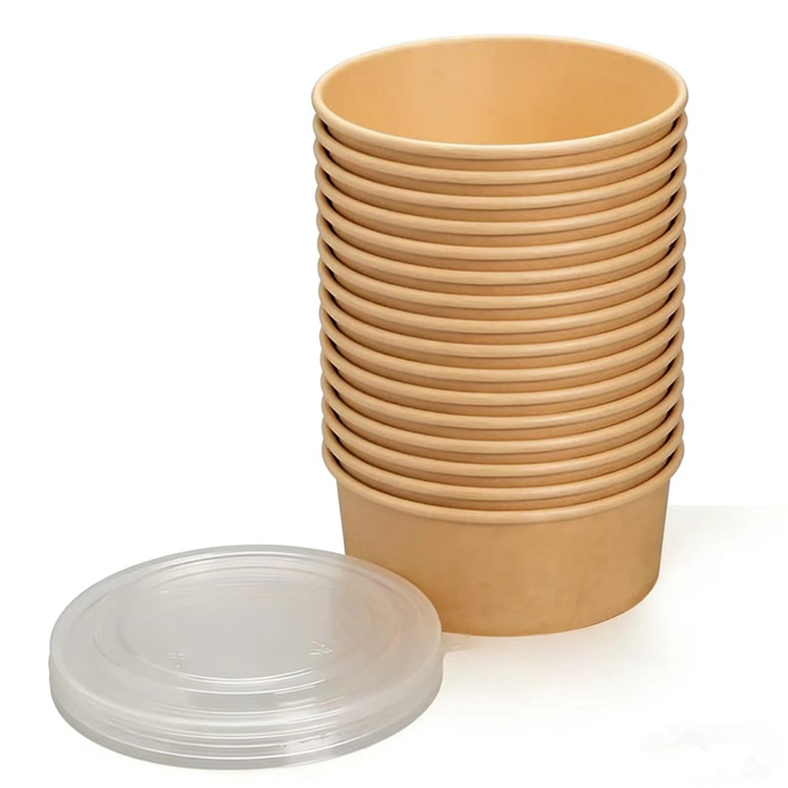 Omengyan Disposable Salad Bowl with lid Kraft Paper Bowls with Clear Lids, 500ml/750ml/1000ml, PE Waterproof Coating, 20 Count, for Salad and Soup containers Takeaway containers with lids (20, 750ml)
