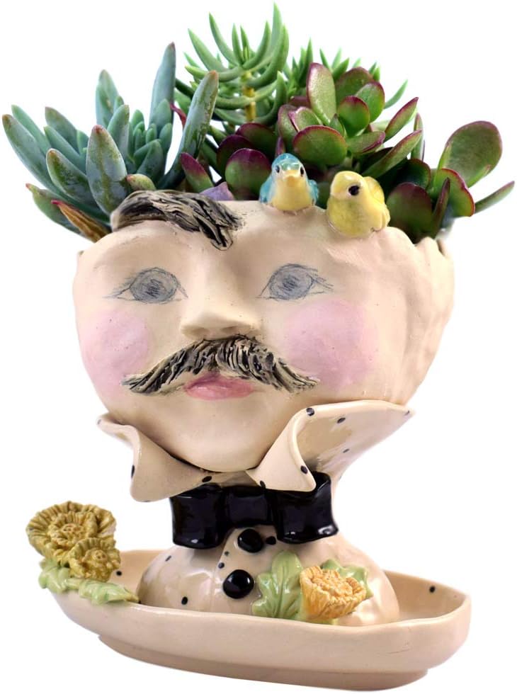 Modern Artisans Victorian Lovelies Sculpted Pottery Indoor Head Planter: Dapper Dan-delion Version, 6.5" Tall