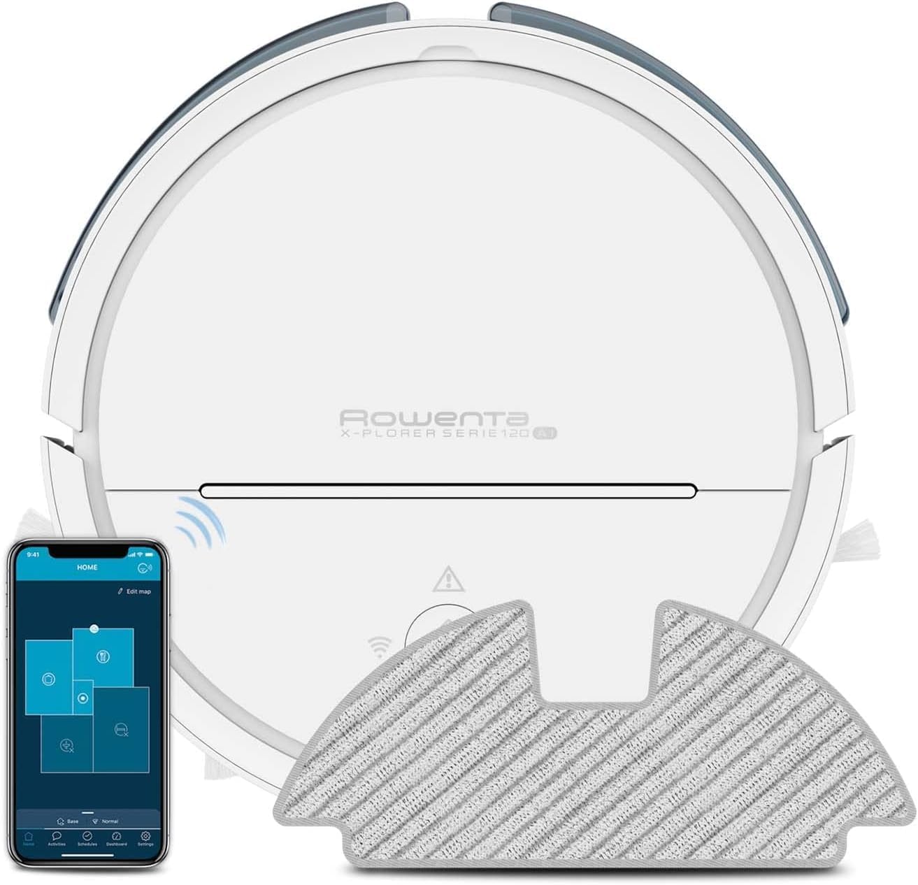 Rowenta X-plorer Serie 120 AI RR7877 - Robot aspirador con mopa y mapeo 2700 Pa, motor digital compatible con smartphones y asistentes de voz, 3 cepillos y Sistema Aqua Force para fregar, blanco