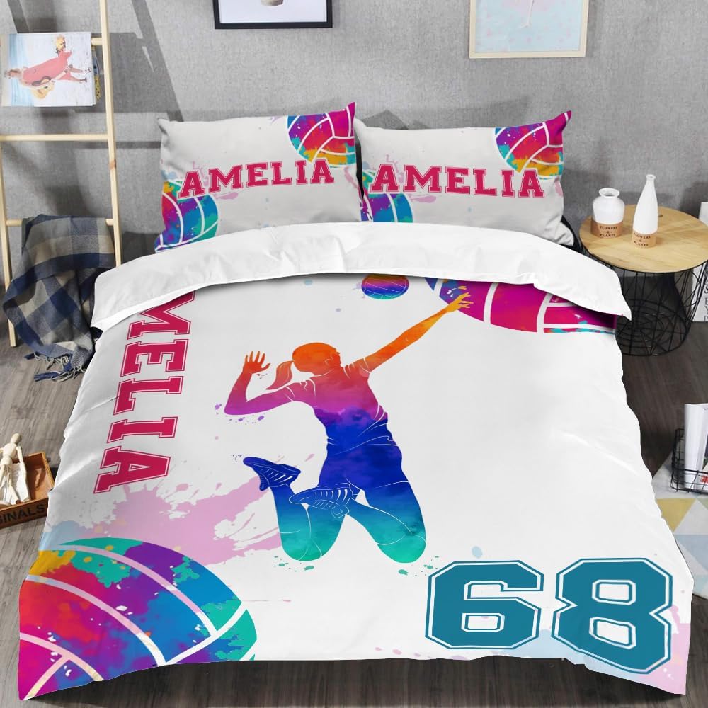 Custom Camo Volleyball Bedding Set, Volleyball Comforter Twin Full Queen King, Volleyball Team Gifts Ultra-Soft Lightweight (Watercolor Volleyball Player)