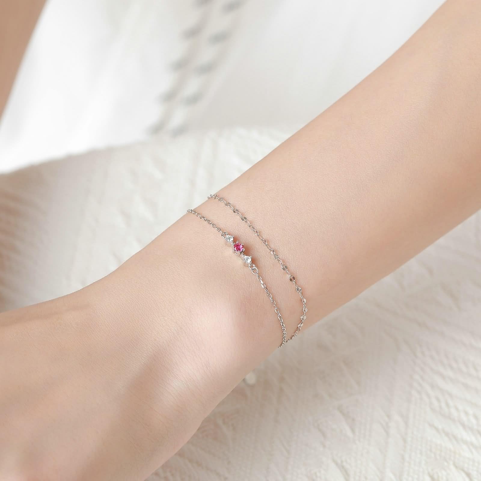 Bracelet Men Silver, Armband Freundschaft Doppellagige Kette mit Korund und Moissanit Silber 9K Weißgold 16+5cm