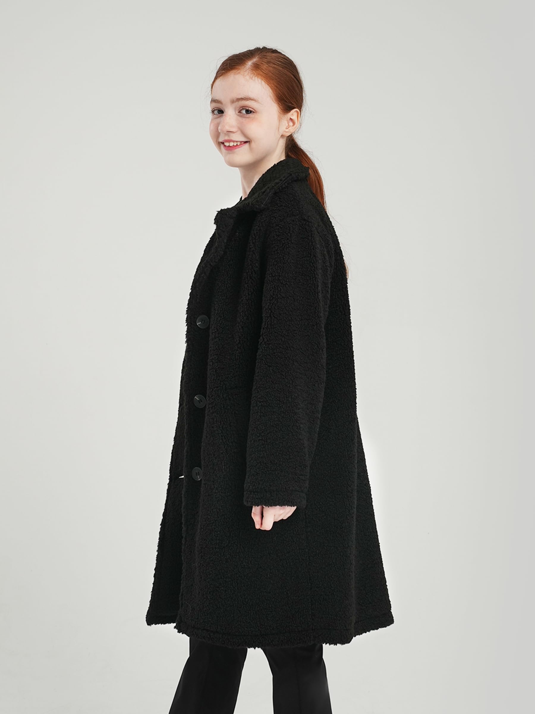 maoo garden Mädchen Langer Wintermantel aus Sherpa-Fleece Leichter Übergangsmantel im Peacoat-Stil mit Trenchcoat-Längenschnitt für Schulkinder