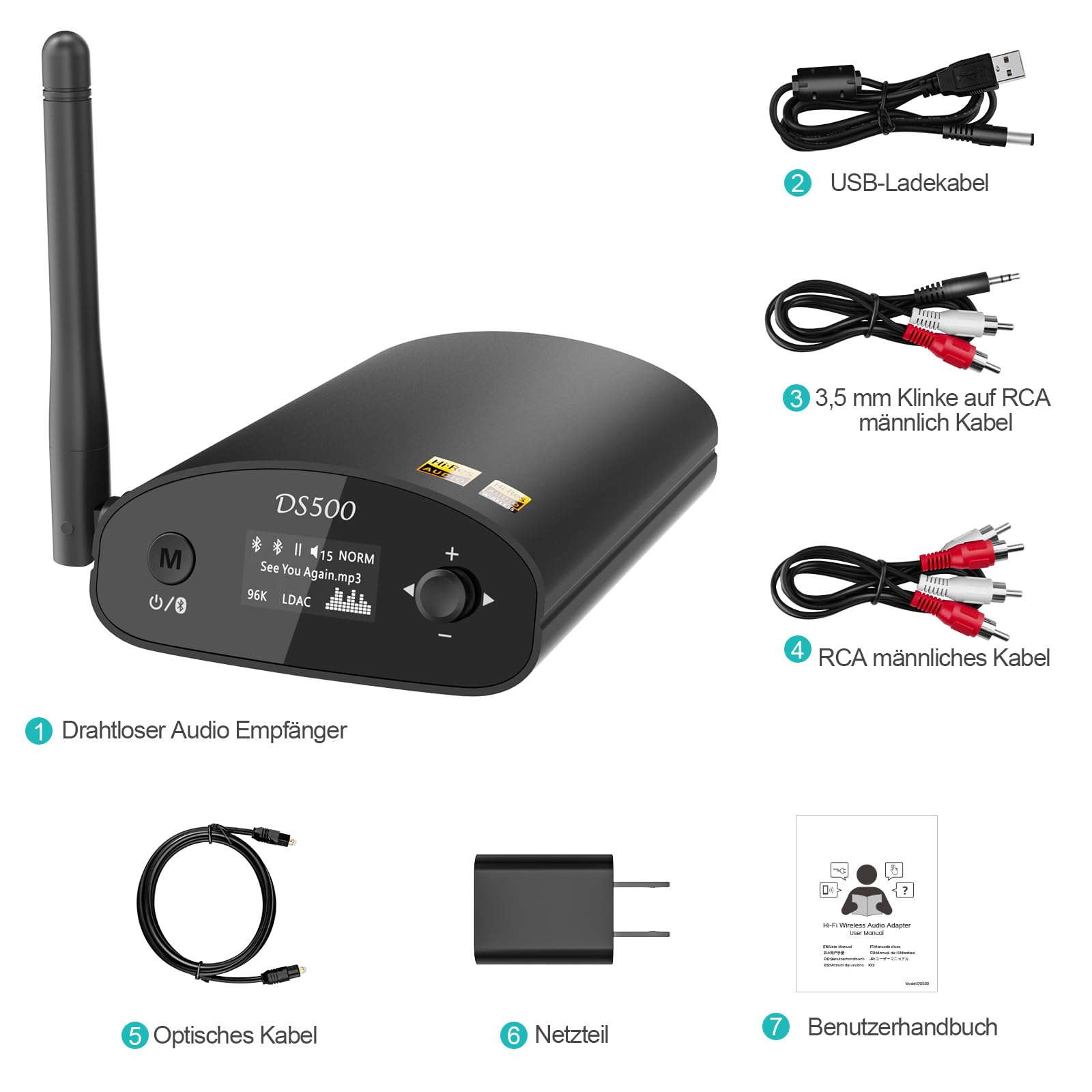 1Mii HiFi Bluetooth 5.3 Empfänger mit OLED Display, LDAC & aptX HD, Audio Adapter mit DAC & EQ-Modus, Großer Reichweite, Optischem, Koaxial & RCA Ausgang für Stereoanlage & Verstärker – DS500