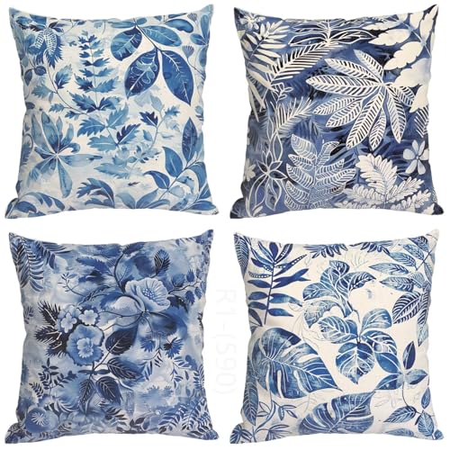 Funda Cojin 80x80, Cojines Azul Juego de 4 Fundas Cojin Planta Exterior Cojines Decorativos Cuadrada, con Cremallera Invisible Funda de Almohada Sofa para Sala de Estar Jardín Coche Almohada H2-590