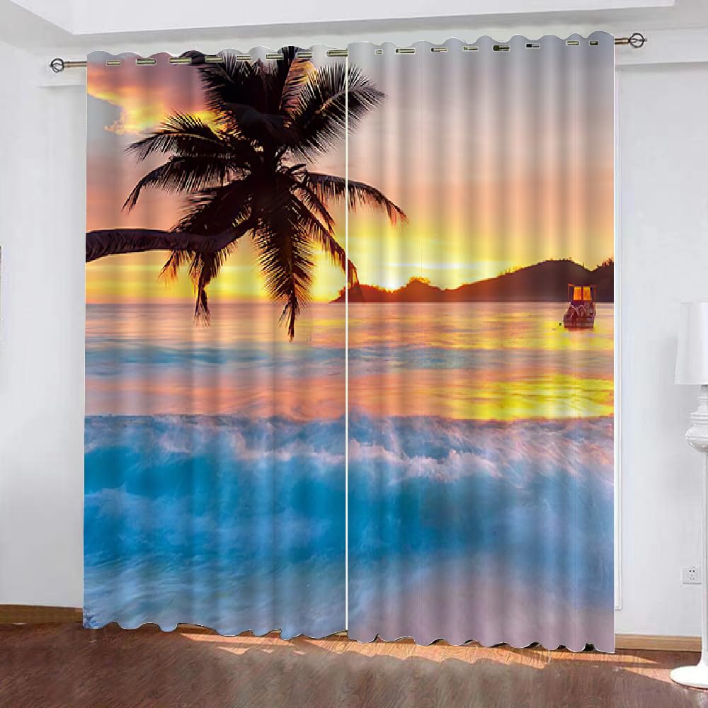 MARBRE 3D Ocean Blackout Curtains Polyester Fabric 2 Panels 168x183cm Thermal Insulated Room Darkening Eyelet Curtain Beach Window Drapes for Home Decoration(Image 23-5)