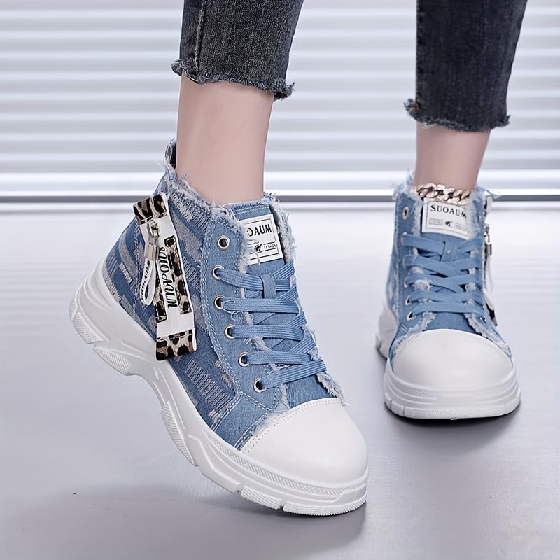 Women's High-Top Denim Sneakers with Side Zipper - Comfortable Thick Sole Casual Shoes, Versatile Fashion Athletic Footwear, Soft Insole, Hand-Washable, All-Season Wear, High Top Sneakers2