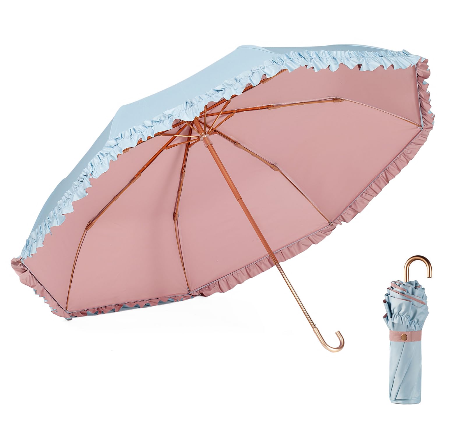 LCY Floral Edge Folding Umbrella Anti-UV Parasol with Hook Handle Sunproof Rainproof & Windproof Umbrella-Blue&Pink