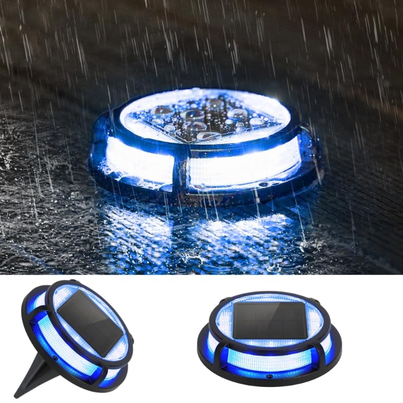 Image of LUTEC 2 Pack Solar Deck Lights Driveway Dock 12 LEDs Light Solar Powered Outdoor Waterproof Road Markers for Step Sidewalk Stair Garden Ground Pathway Yard (Blue)