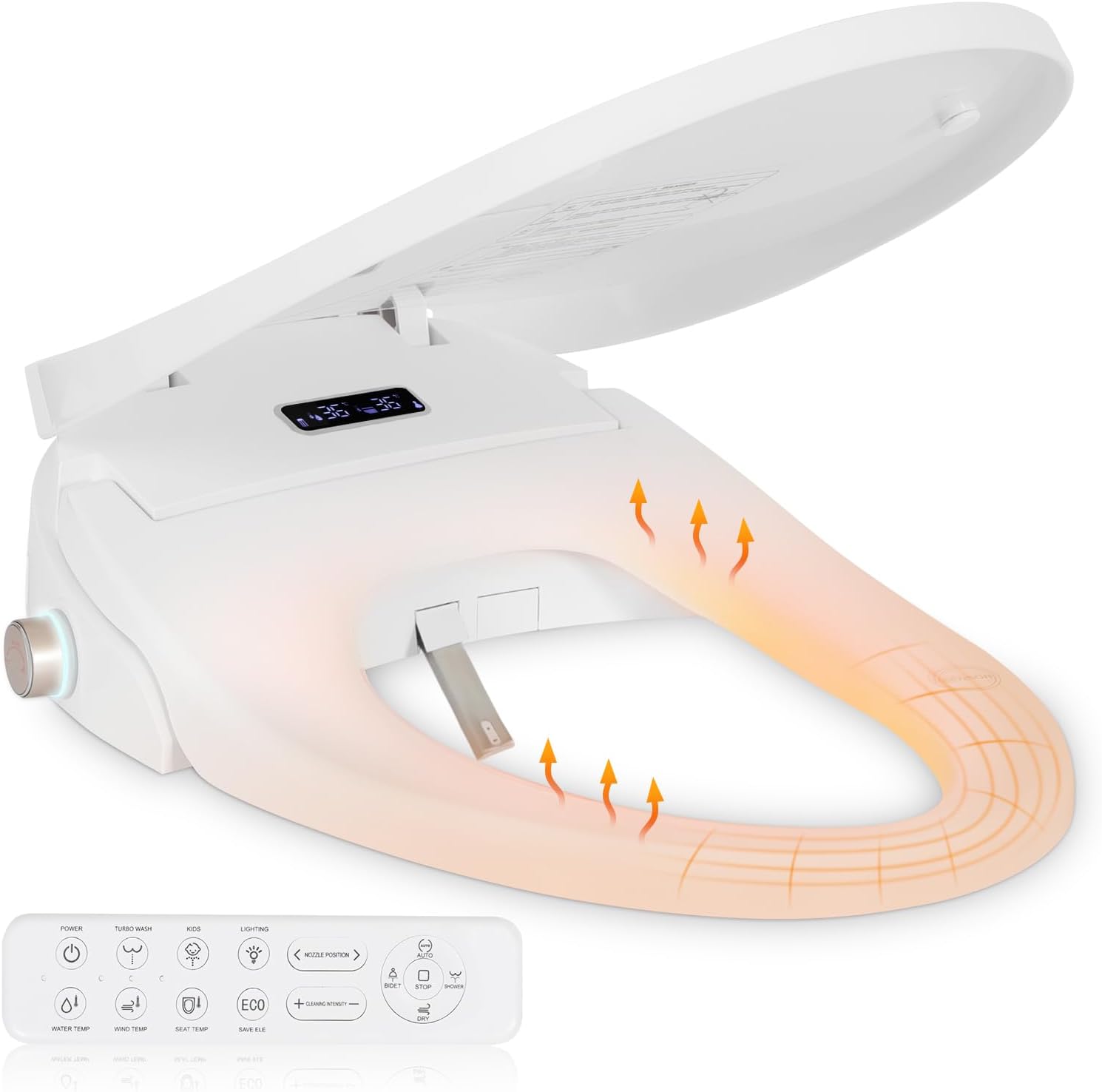 electric bidet toilet seat front view showing remote control and LED light