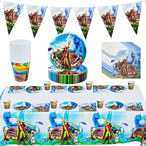YAOGOO Raya and The Last Dragon Party Tableware Set, 62 Pieces, Raya and The Last Dragon Party Decoration Set, Tablecloth, Triangular Flag, Plates, Cups, Napkins, Boys Girls Birthday Decoration Cover