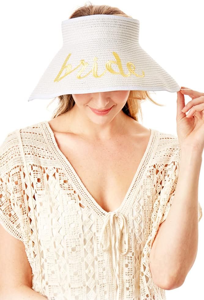ScarvesMe Women's Adjustable Summer Bride Just Married Roll up Straw Visor Sun Hat