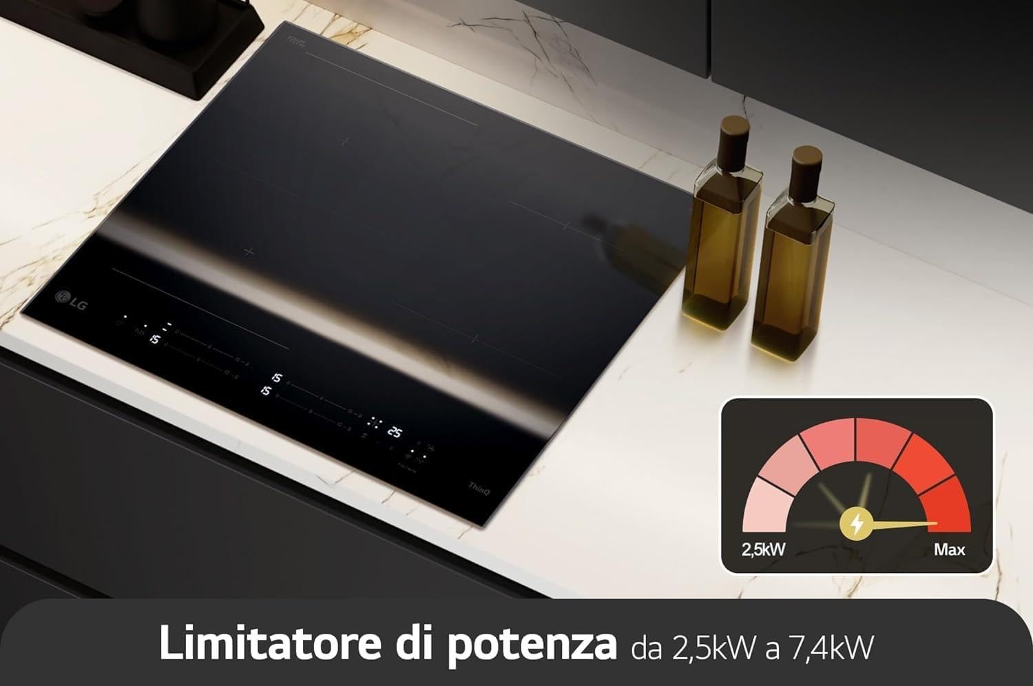 LG Płyta indukcyjna CBIZ2435B 60 cm, moc od 2,5 do 7,4 kW, 4 strefy całkowite, 1 strefa Flex, 15 poziomów mocy + doładowania, niezależne sterowanie dotykowe, Wi-Fi, szkło ceramiczne SCHOTT, kolor