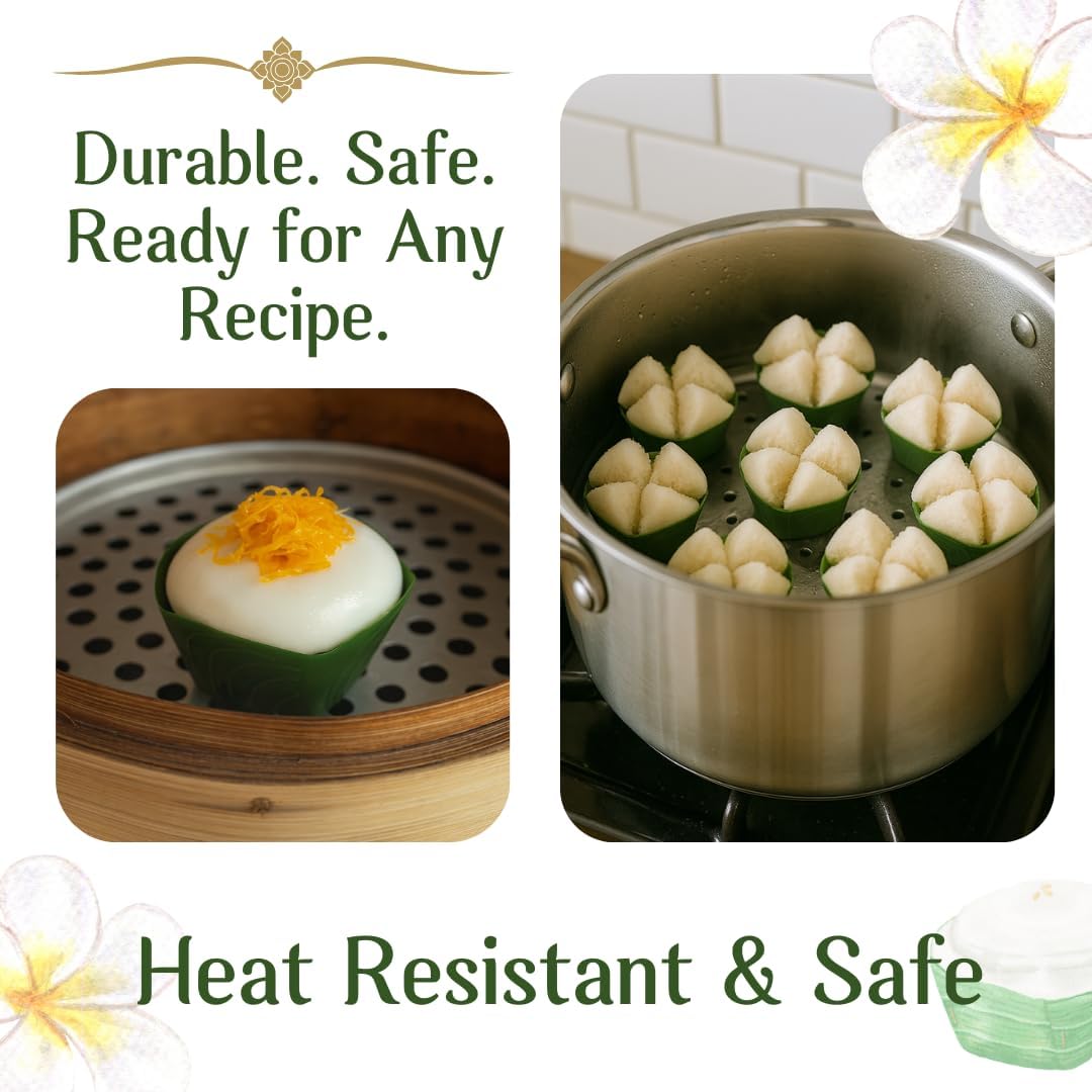 Reusable Plastic Steaming Cups – Banana Leaf Shape Thai Dessert Molds Plate, Jelly, Pudding, Cupcakes, and Asian Sweets (50, Size 6 cm)