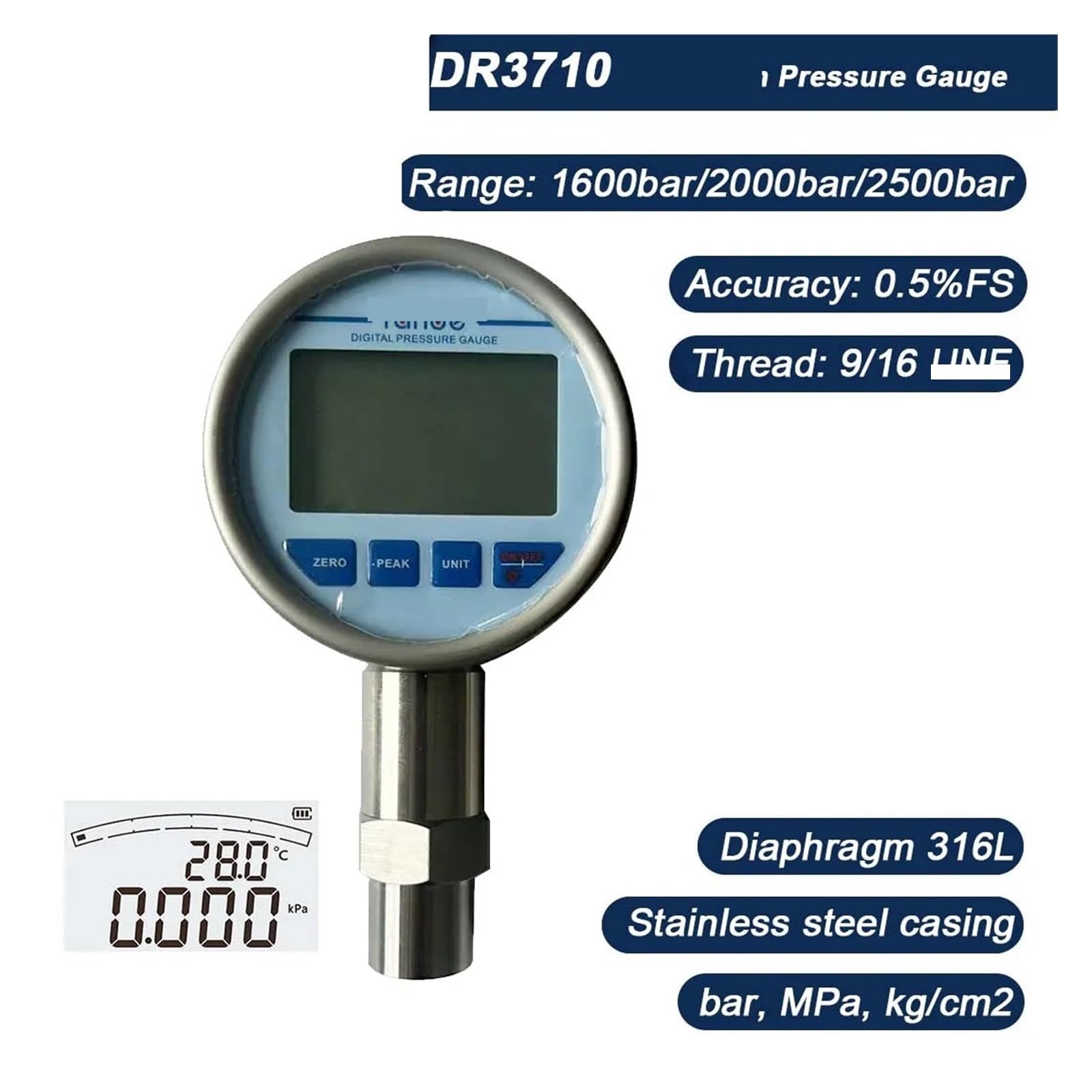 Digitales Manometer, 9/16 Zoll 2500 bar Edelstahl-Manometer for Rohrleitungsmessungen