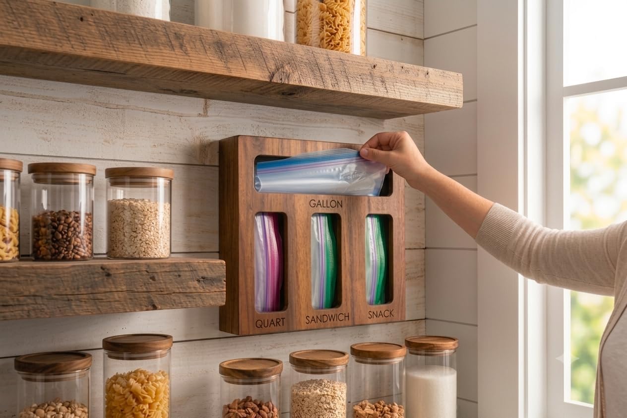 Premium Acacia Wood Sandwich Bag Storage Box - Food Storage Bag Holder, Snack Bag Storage Organizer, Plastic Bag Organizer for drawer, Kitchen Organization and Storage Solution