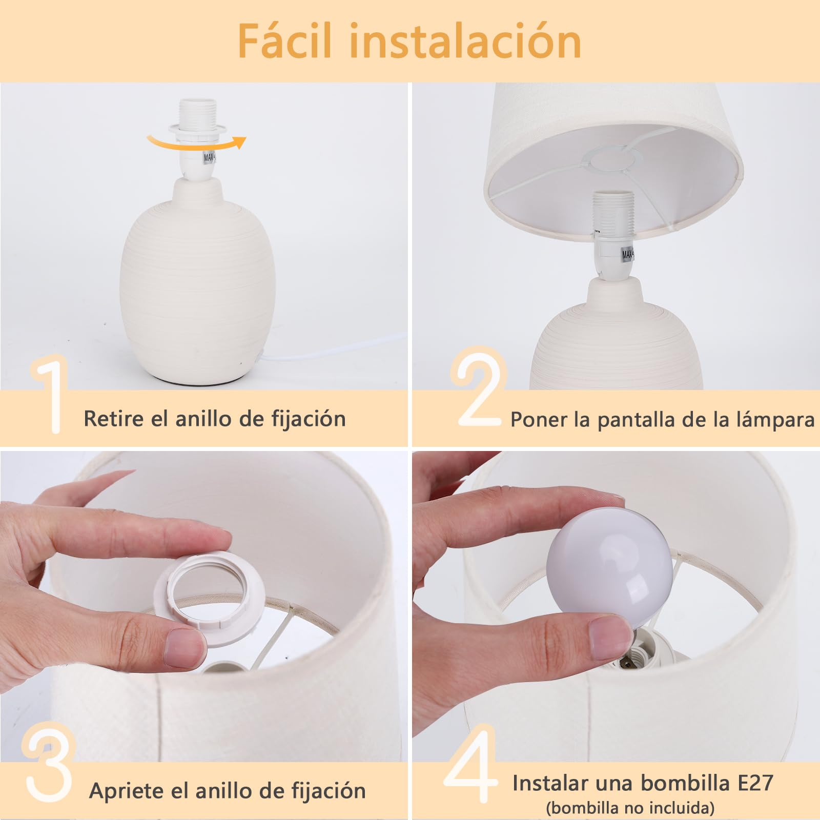 Aigostar - Lampa stołowa E14, lampka nocna LED, abażur z tkaniny, klasyczna lampa biurkowa w stylu vintage do sypialni, gabinetu, salonu itp.