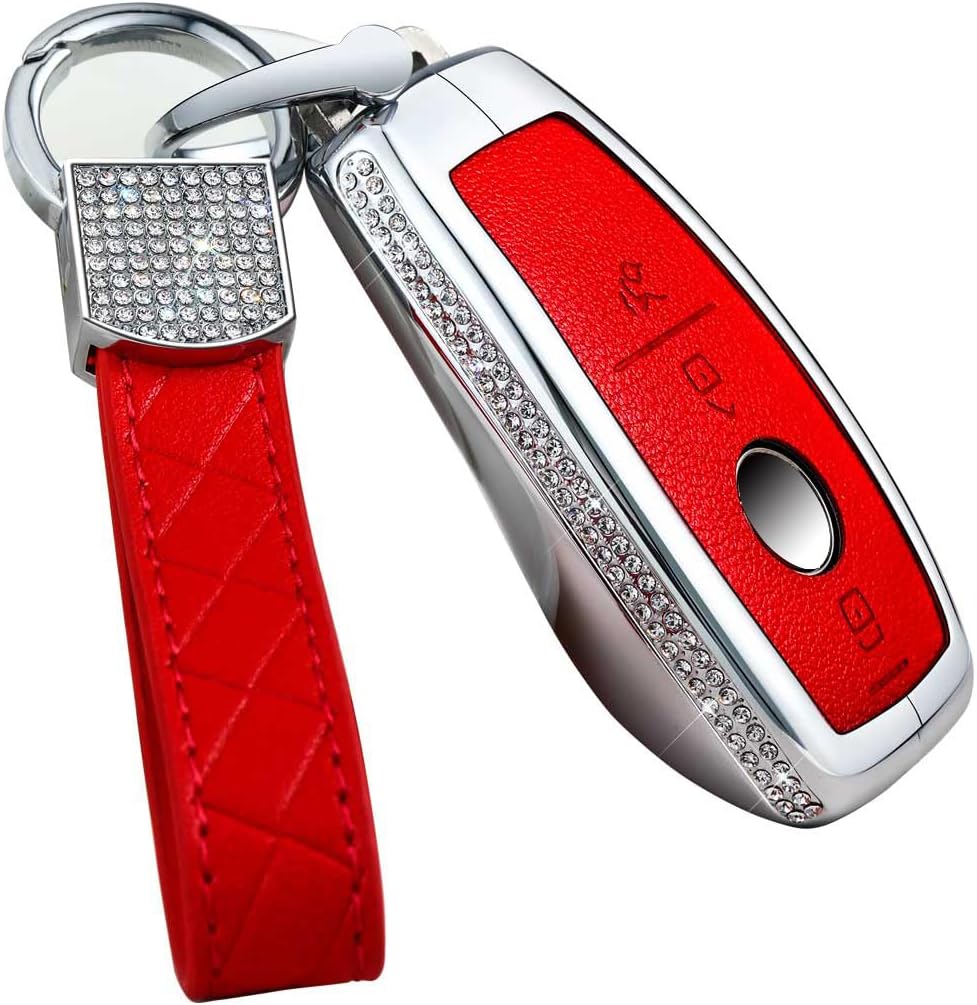 MUEKZRU Bling Crystal Leather Key Fob Sleeve Chain Compatible for Mercedes Benz