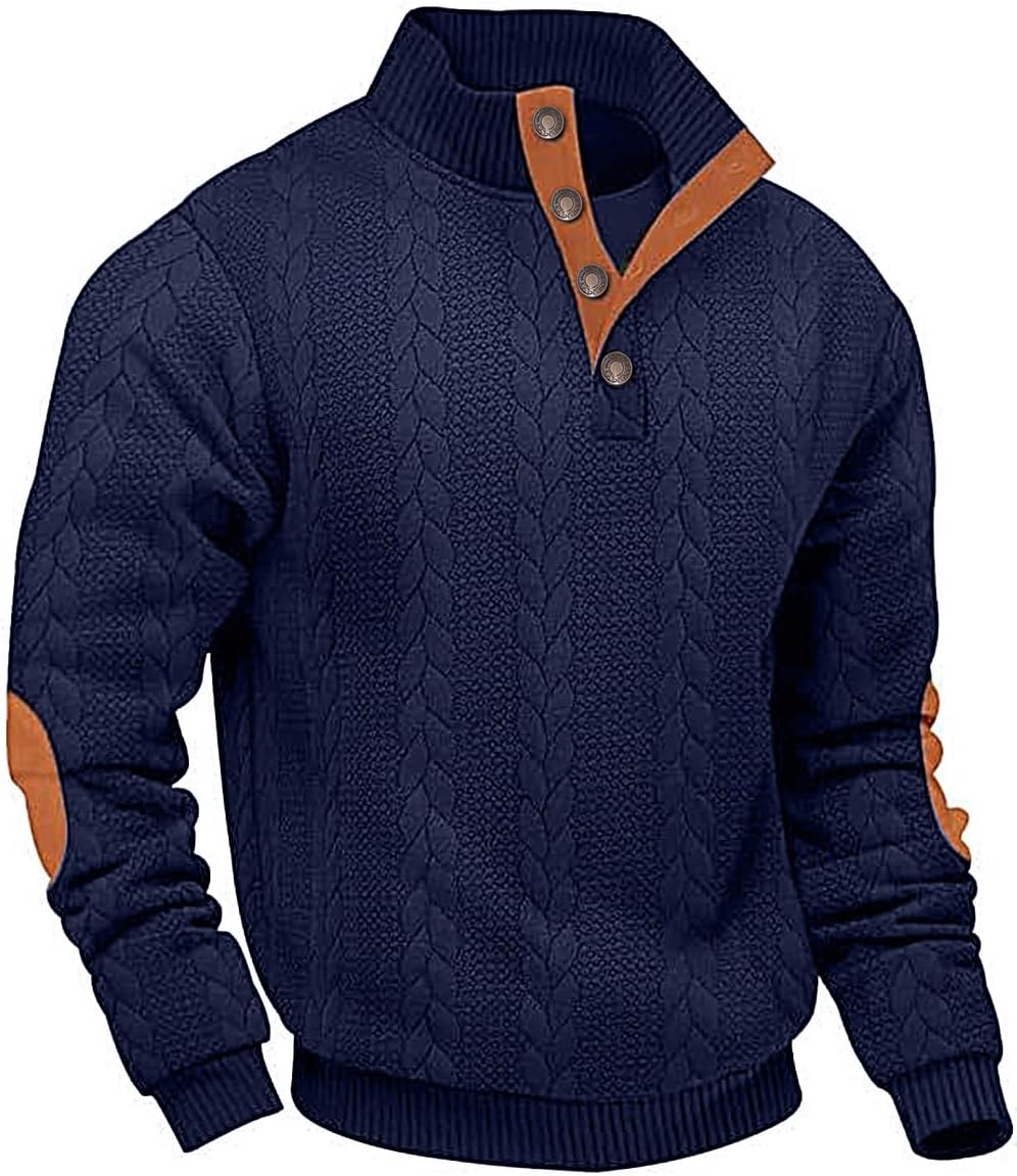 Mens Sweater Knitted Quarter Button Long Sleeve Casual Sweatshirts Quilted Stand Collar Pullover Cable Sweaters