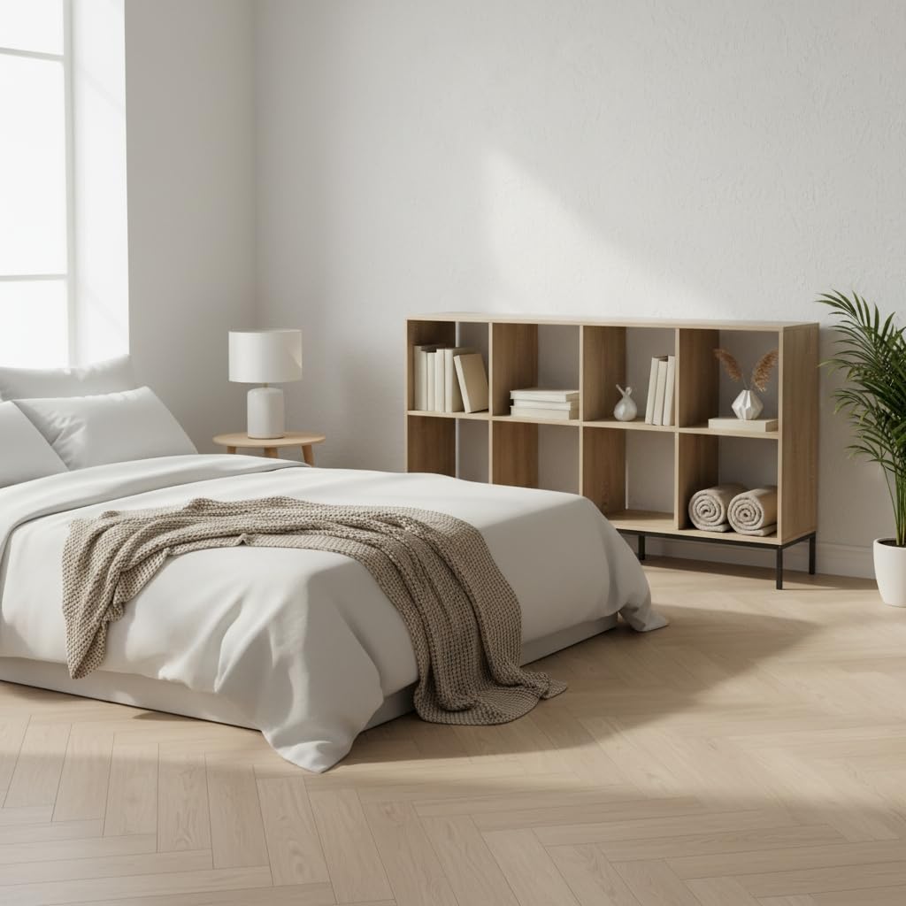 MOBLEKIT | Estantería Cubo 8 Compartimentos 118×29×72 cm, Estantería de Madera con Patas Metálicas, Librería Baja de Almacenaje con Baldas Amplias, Mueble Auxiliar para Salón, Dormitorio o Despacho