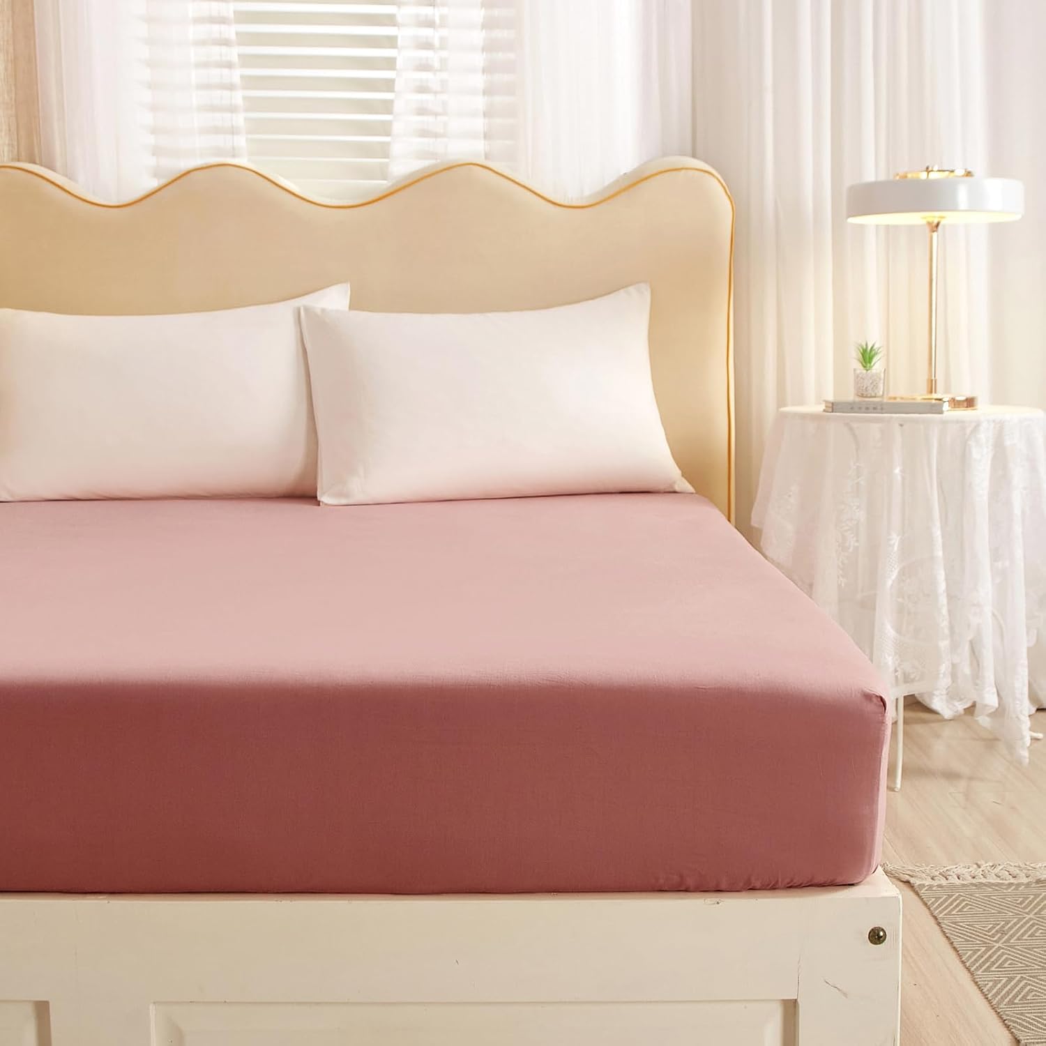 Blush Pink Cotton Fitted Sheet Queen Kids Girls Pink Bedding Sheet Cooling Bed Fitted Sheet with 15" Deep Pocket Breathable Mattress Cover Single Fitted Bottom Sheet Queen (NO Pillowcases)