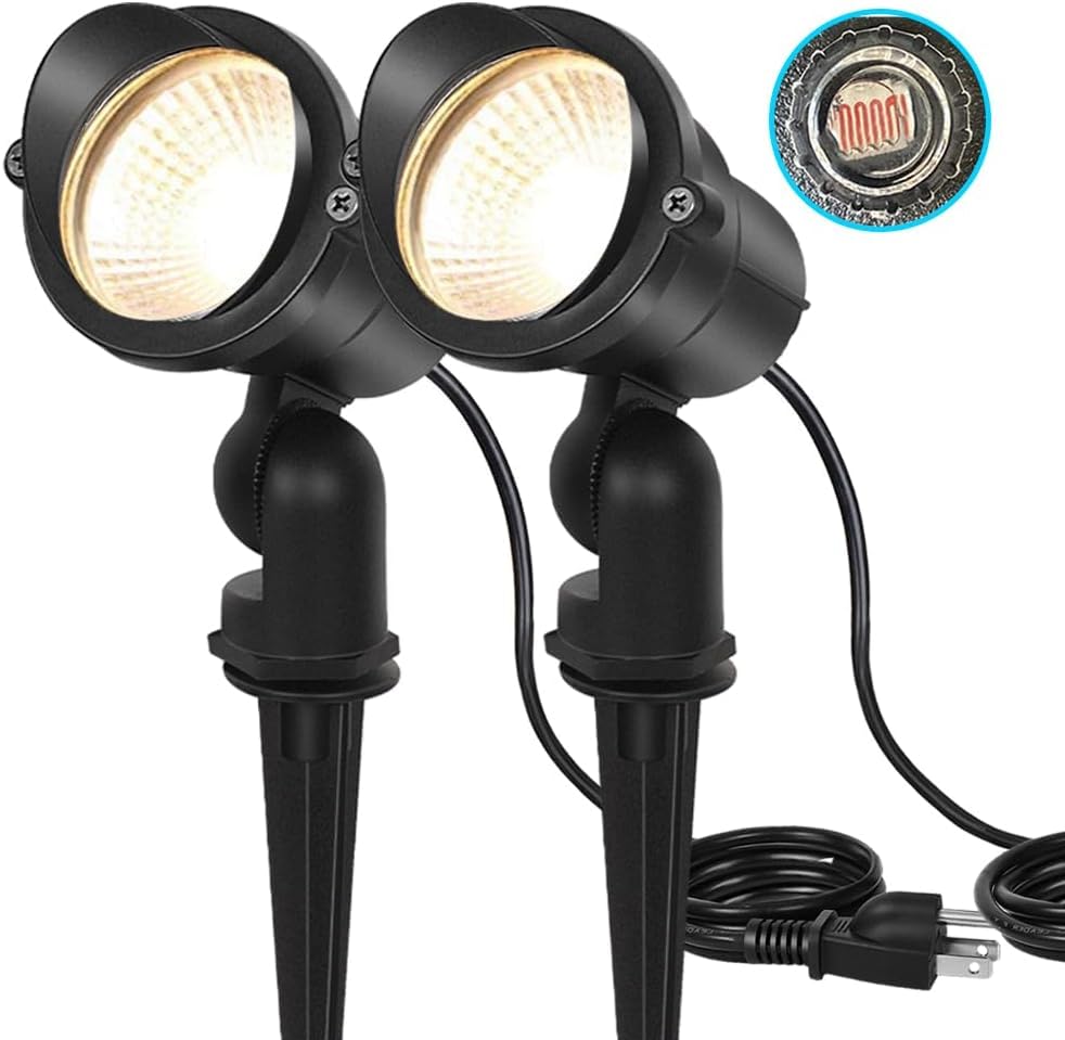 20W Dusk to Dawn Outdoor LED Spotlight Plug in with Photocell Sensor for House Flag Yard Tree Garden, 3000K 1000LM Warm White 120V Landscape Lighting with Stake IP66 Waterproof 5.9ft Cord, 2 Pack