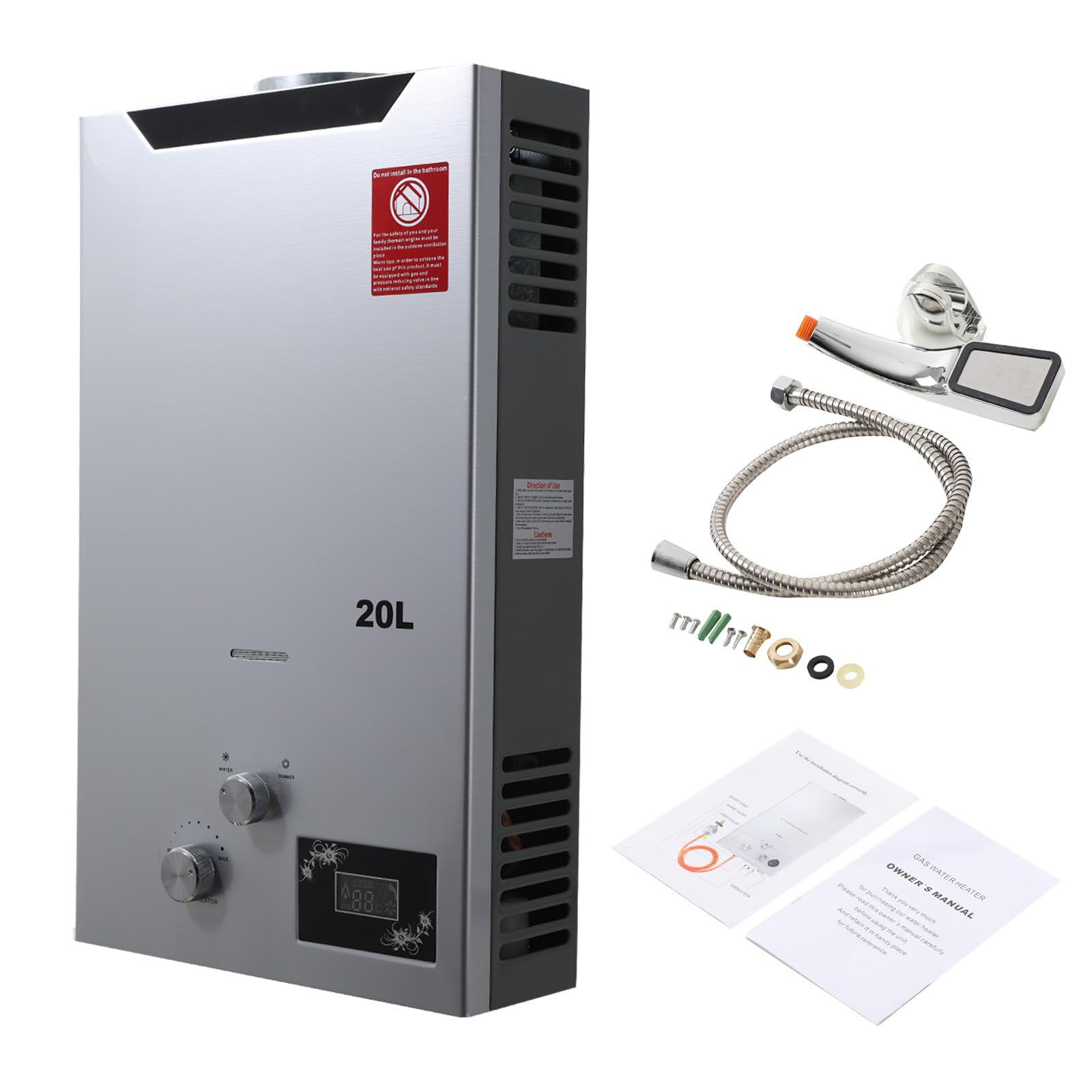 Tragbarer Gas Durchlauferhitzer 20L 40KW Propangas Campingdusche für Dusche im Außenbereich Dusche Bad Warmwasser Camping Dusche LPG Warmwasserbereiter Warmwasser Tankless Instant,Silber