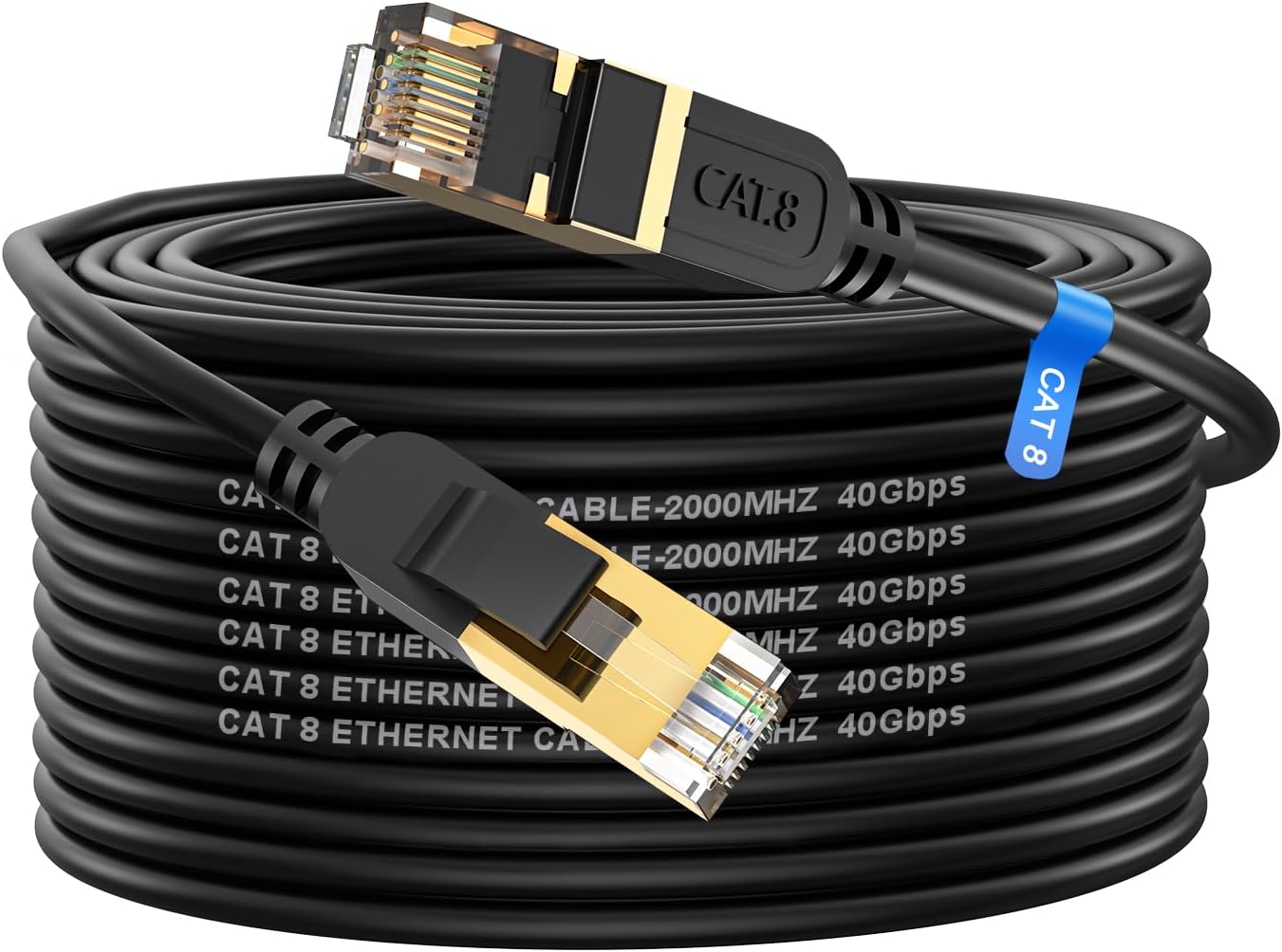 Cat 8 Ethernet Cable, 50FT High Speed Heavy Duty 26AWG Cat8 LAN Network Cable 40Gbps, 2000Mhz with Gold Plated RJ45 Connector, Outdoor&Indoor Internet Cable Compatible for Router Gaming Modem Xbox