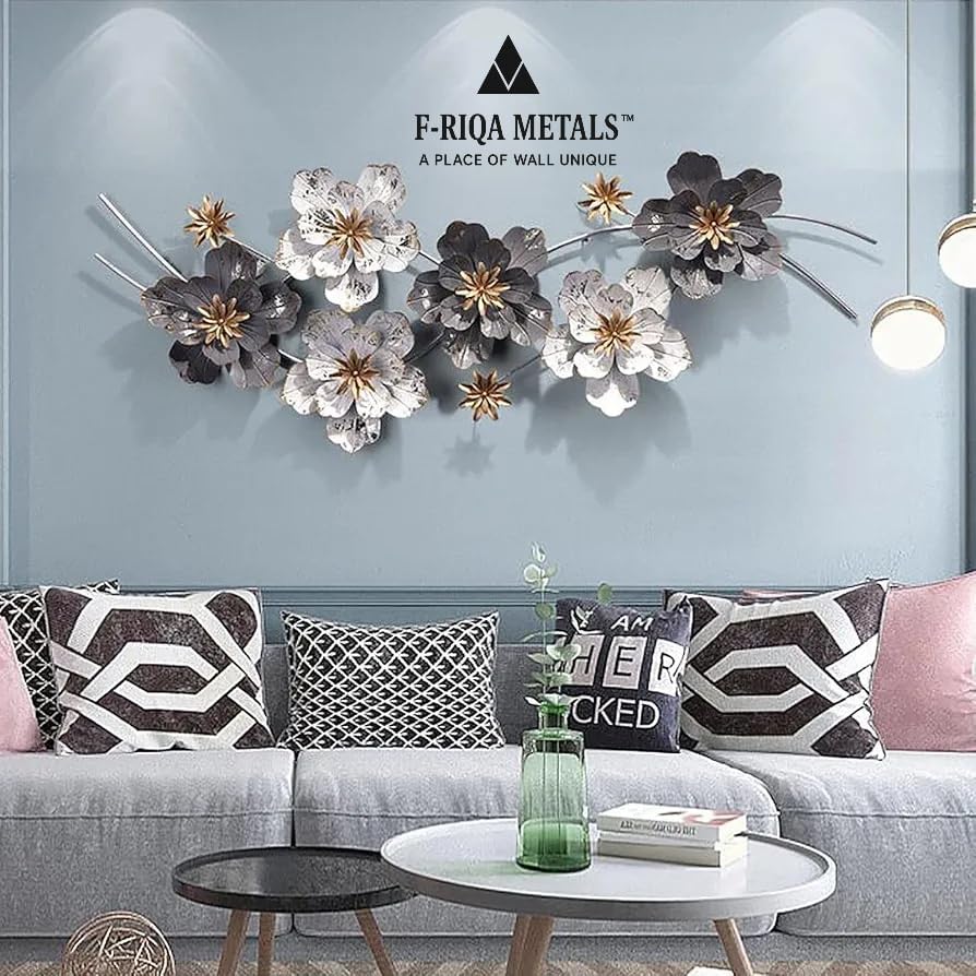 Image of F-RIQA METAL A PALACE OF WALL UNIQUE White & Grey Floral Metal Wall Art for Living Room | Handcrafted Iron Wall Hanging with Golden Flowers Luxury Wall Hanging Decoration for Living Room, Bedroom, Hallway & Office (Art Deco)