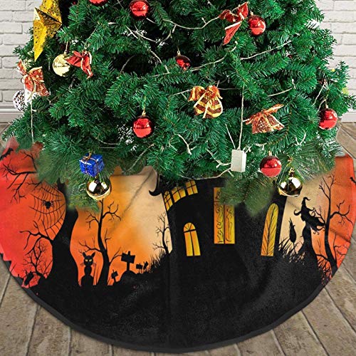 Christmas Tree Skirt, Happy Halloween Witch Castle Moon Xmas Large Tree Mat, New Year Festive Holiday Party Decorations 30" Inches #TOP2