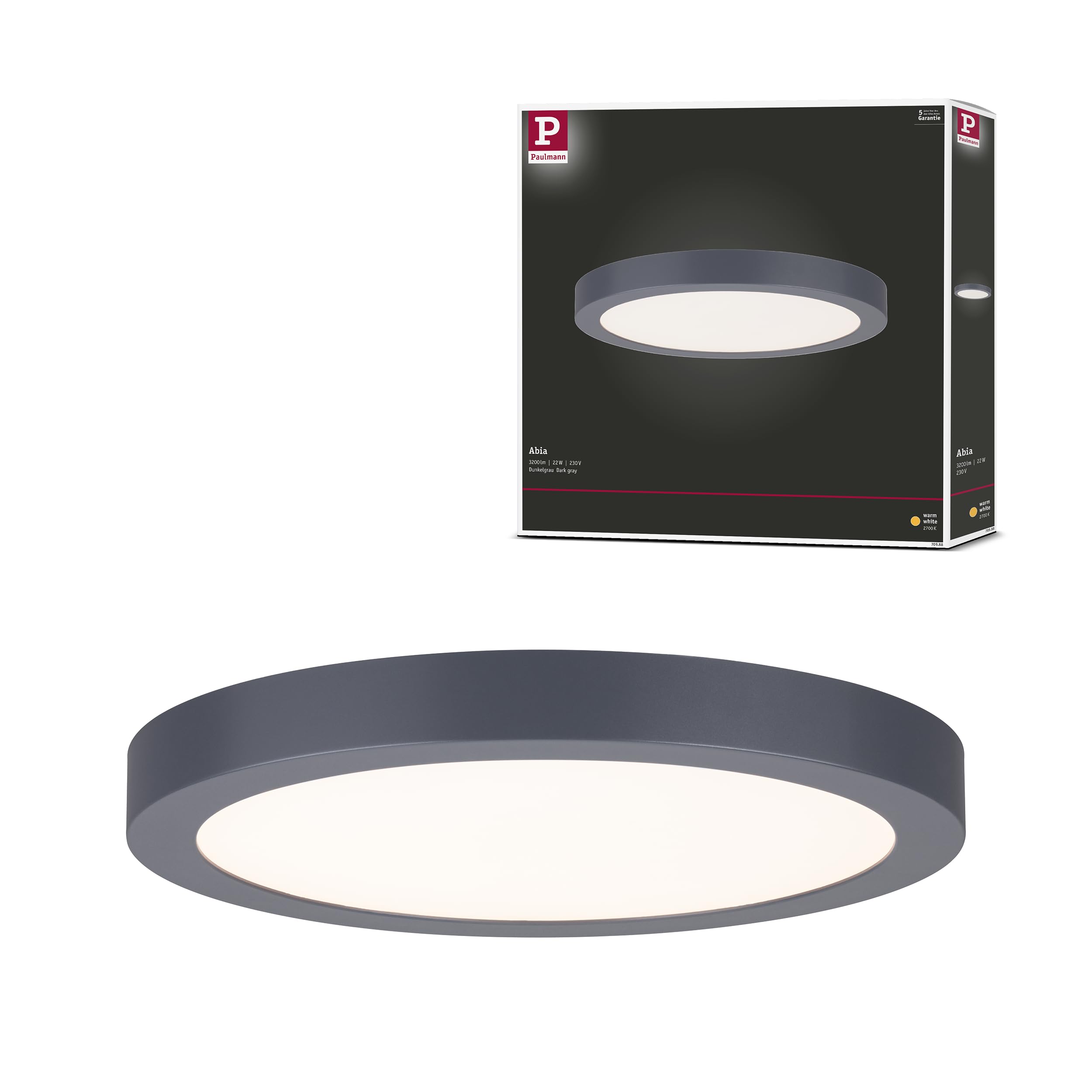 Paulmann 70986 LED Panel Abia 300 mm Warm White Round incl. 1x22 Watt Dark Grey matt Ceiling lamp Plastic 2700 K