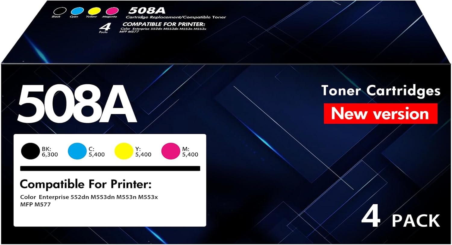 M553 508A Toner Cartridges 4 Pack 508X Compatible Replacement for HP 508A CF360A CF361A CF362A CF363A 508X Laserjet M553dn M577 M553X M553N Printer Ink New Version (Black Cyan Yellow Magenta)
