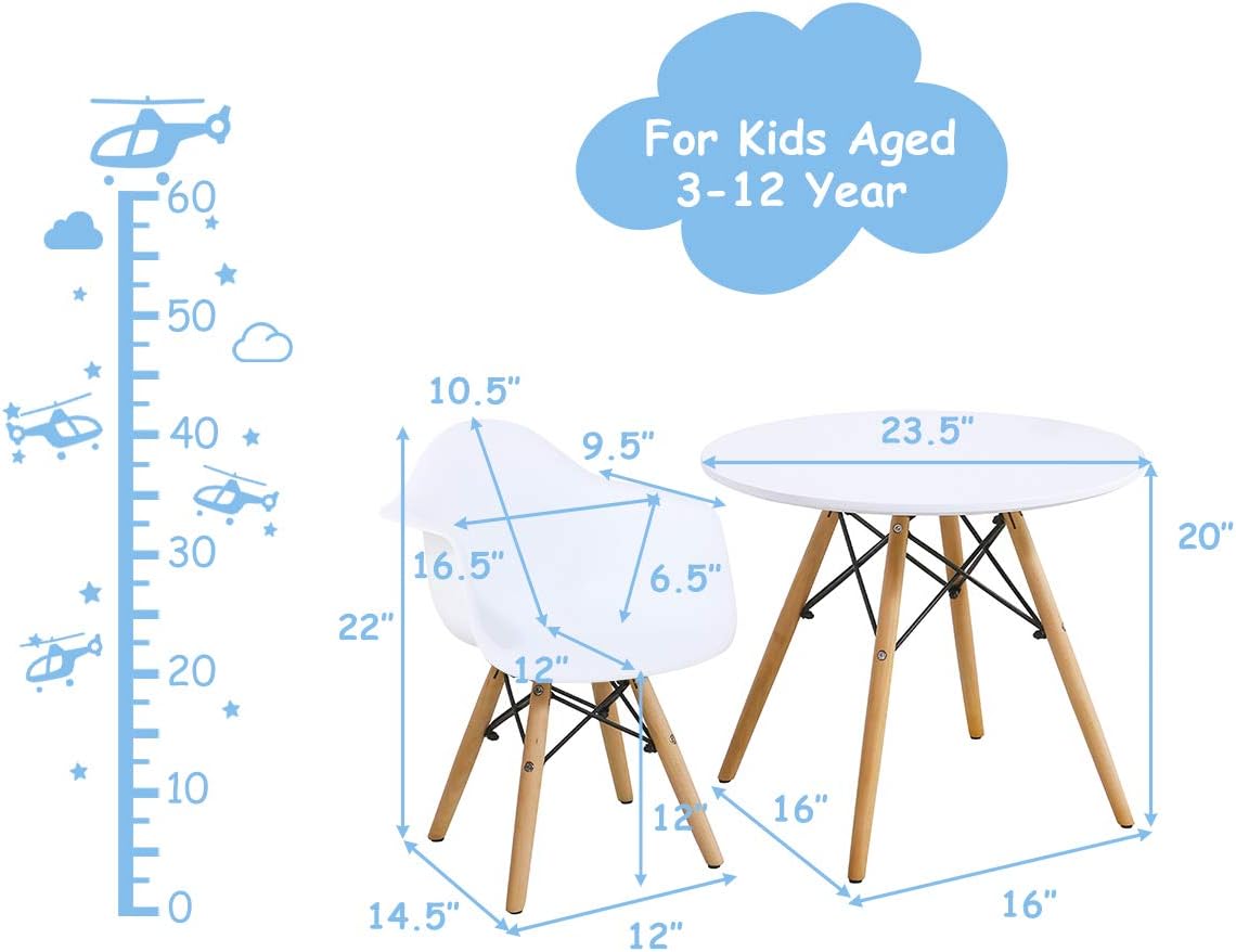 Costzon Mid-Century Modern Style Round Kids Table and 2 Armchairs, White, 23.5''x23.5''x20''(LxWxH) Table, 17''x16.5''x 22''(LxWxH) Chairs, Ages 3-12