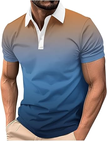 Mens Golf Tees Polos Shirts Fashion Gradient Short Sleeve Button up Lapel Henley Shirt Summer Athletic Tee Blouse