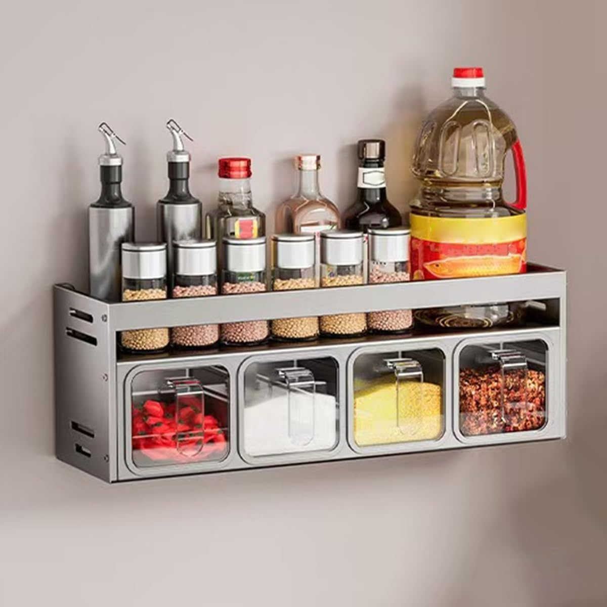 Gewürzregal aus Edelstahl zur Wandmontage, multifunktional, Küchenaufbewahrung für Gläser, Gewürze und Gewürze, platzsparendes Design für das Kochen zu Hause