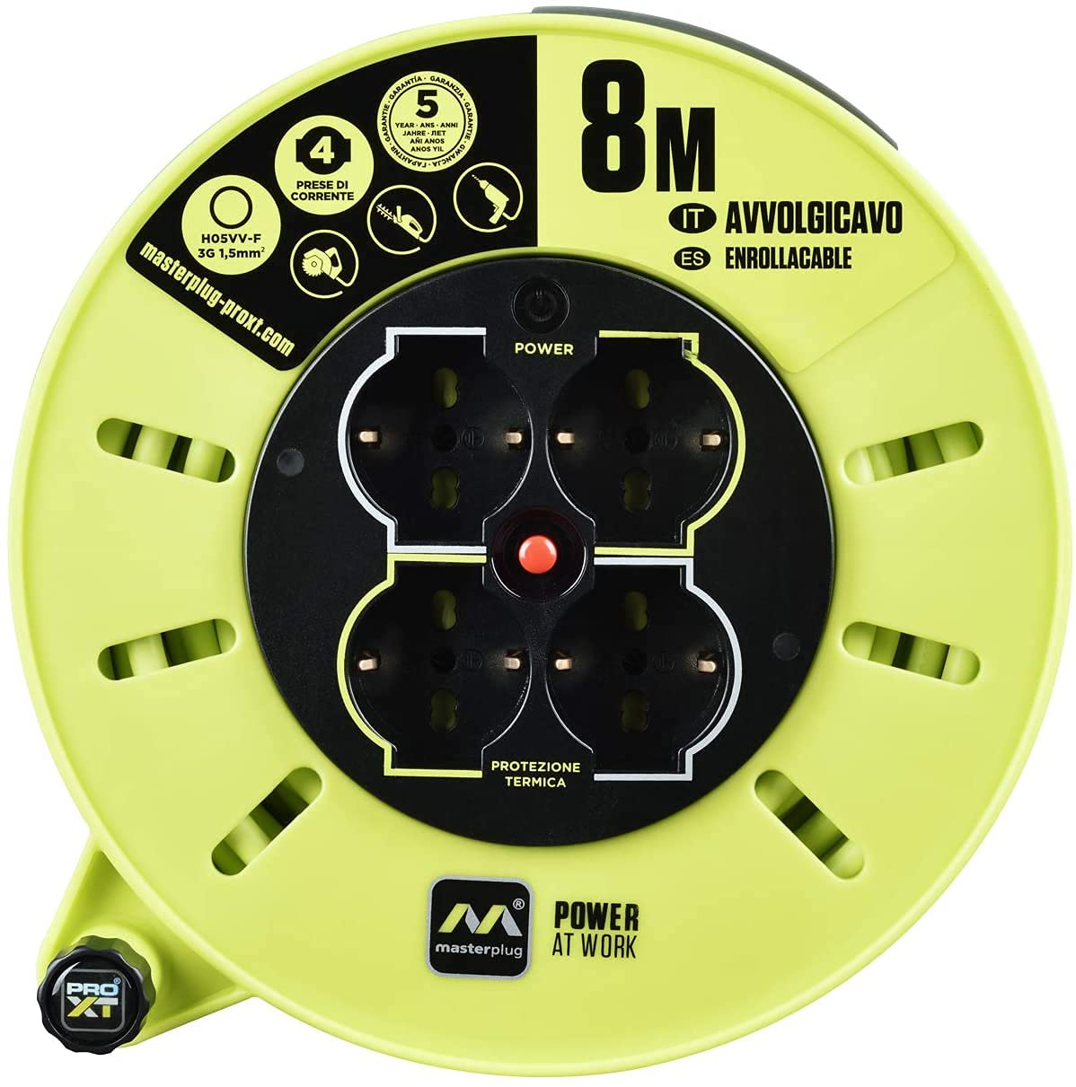 Masterplug Pro-XT Avvolgicavo 8 metri, 4 Prese Universali prolivalent: Bipasso, EU, Schuko, Prolunga Elettrica 16A, Indicatore LED, Cavo Alta Visibilità